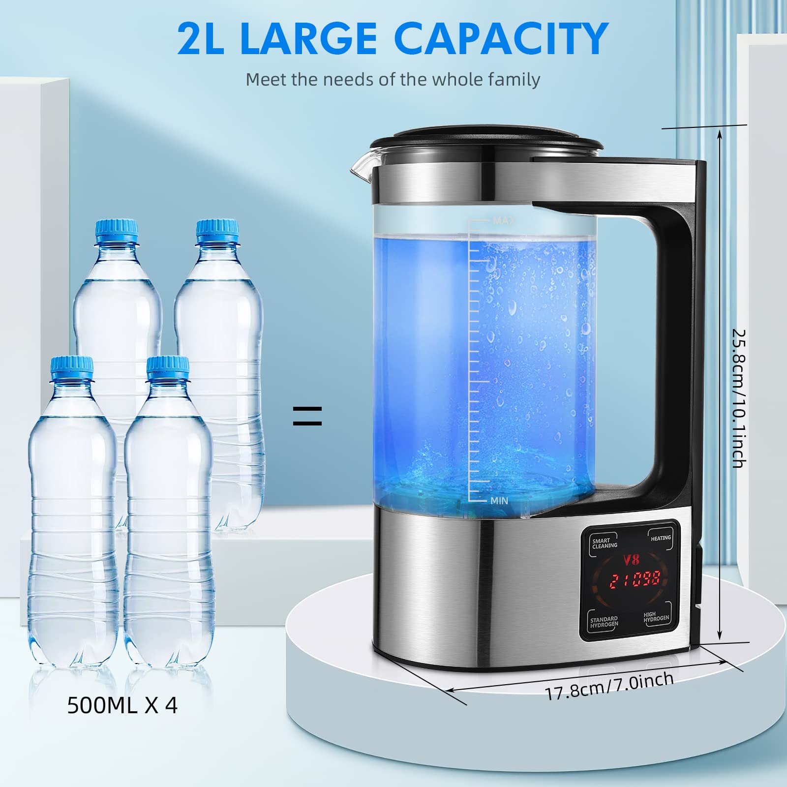 Générateur d'eau hydrogène 2L, Grande Capacité générateur d'hydrogène, portables riches en hydrogène avec écran tactile LED et thermostat Machine Fabricant D'eau Hydrogène pour la maison l'entreprise