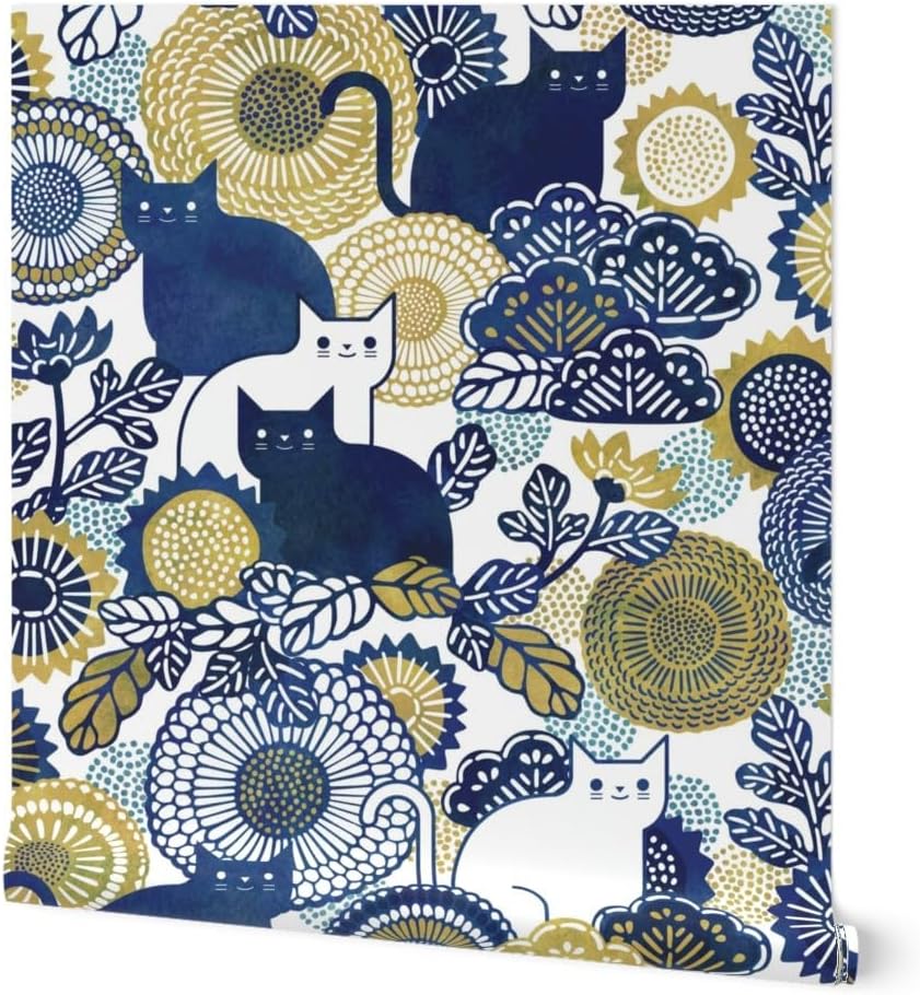 Peel & Stick Wallpaper 3ft x 2ft - Cat Vintage Floral Kawaii Whimsical Custom Removable Wallpaper by Spoonflower