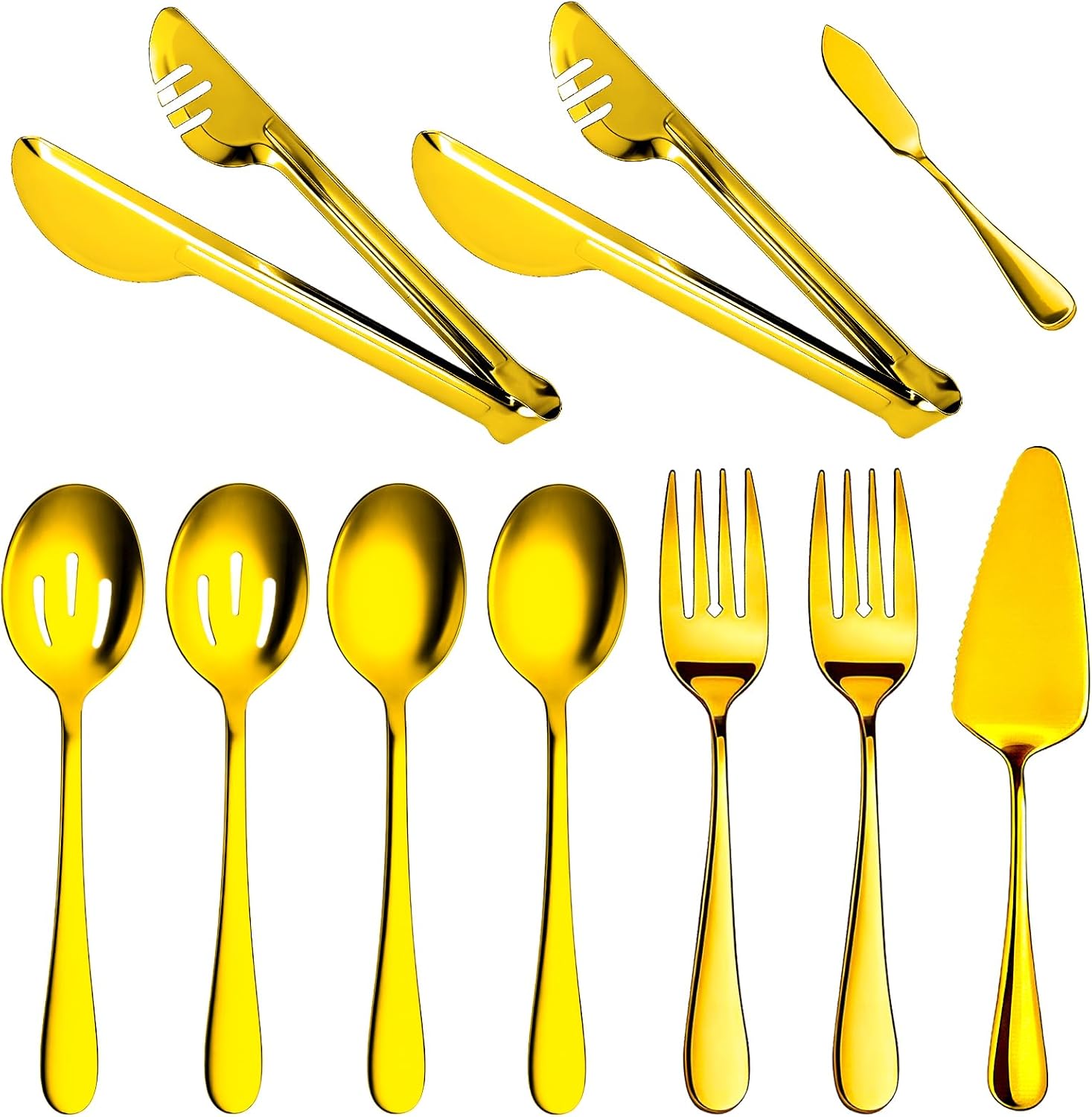 10 PCS Stainless Steel Serving Utensils Set with Large Serving Spoons, Slotted Spoons, Forks, Serving Tongs, Pie Server, Butter Knife for Buffet Catering Banquet Party, Gold