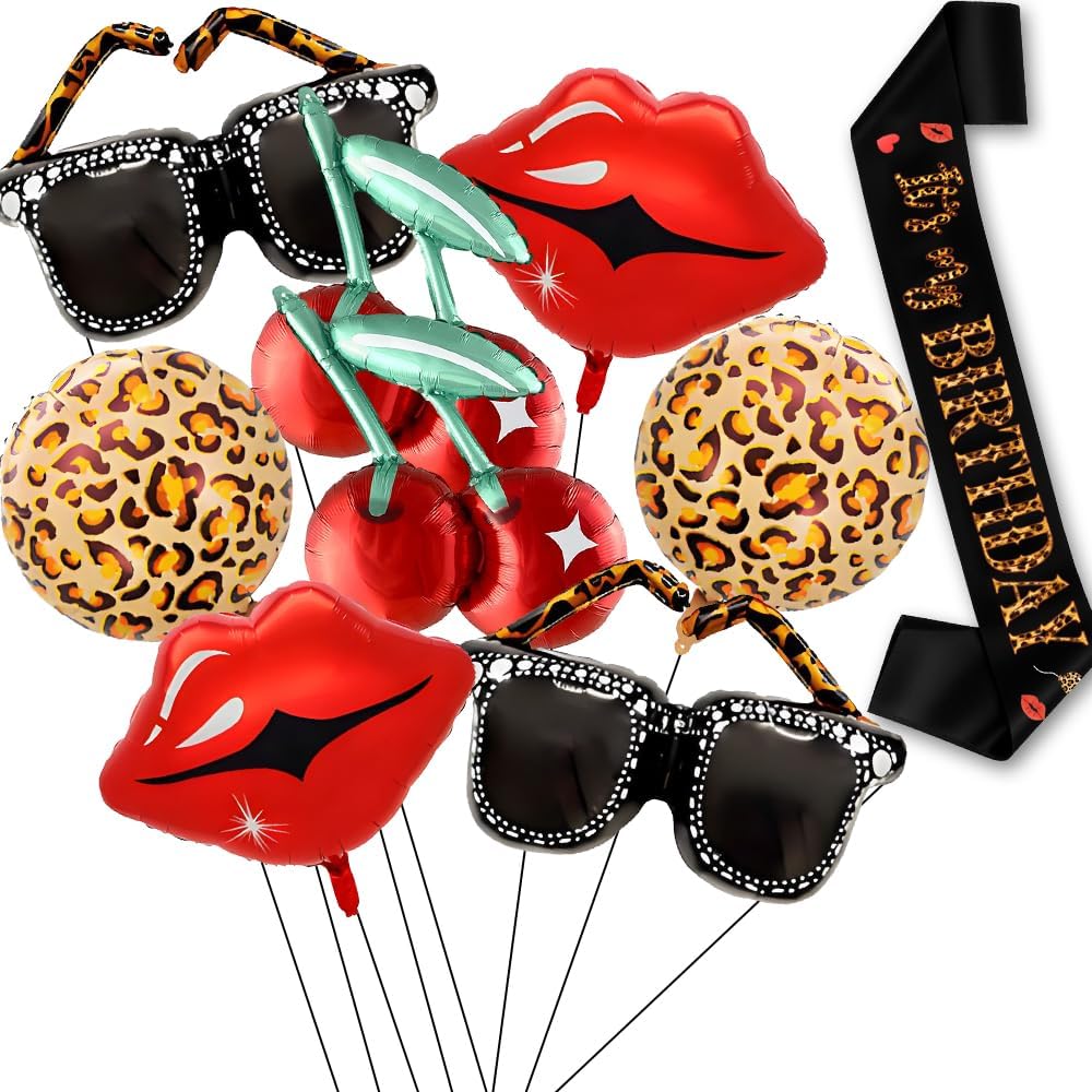 Cheetah Cherry Birthday Ballons and Sash, 8 Pcs Leopard Birthday Decorations with Lip Sunglasses Foil Balloons, Birthday Sash for Bachelorette Party Supplies for Women Girls