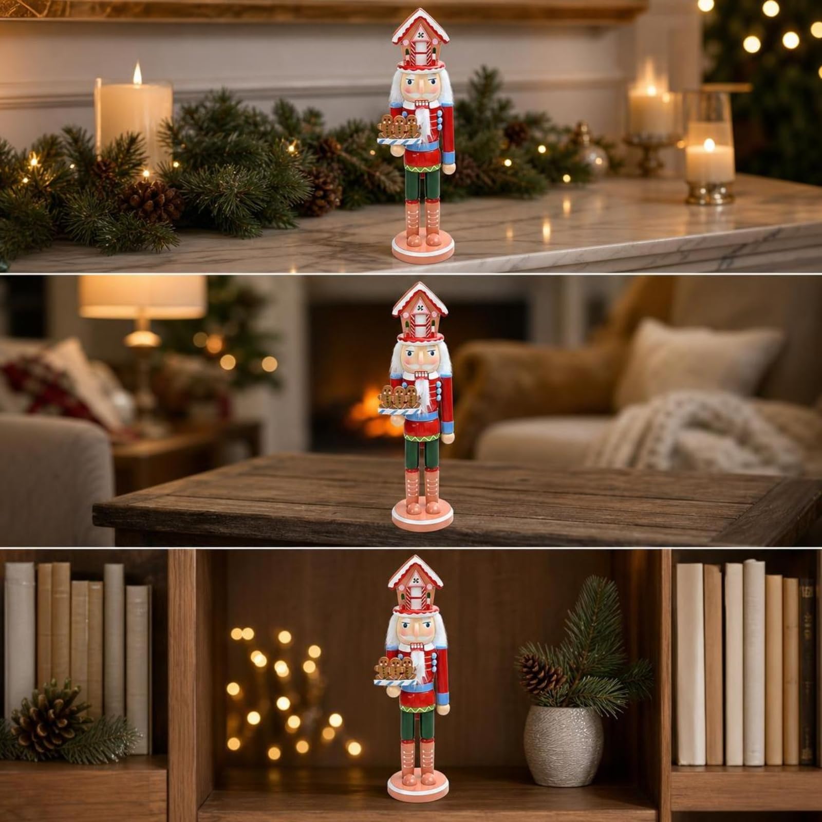Harilla Figura de Festivo Muñeco Adorno Navideño Decoración de Mesa Centro de Mesa Base Redonda Estable Madera con Bandeja Decorativa