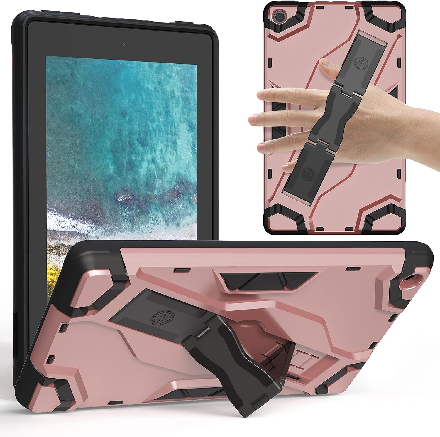 ROISKIN Kickstand Hand Strap Rugged Back Cover Soft TPU Anti-Slip Shockproof Armor Defender Protective Case for Tablet 7 Case 2019 Release 9th Generation