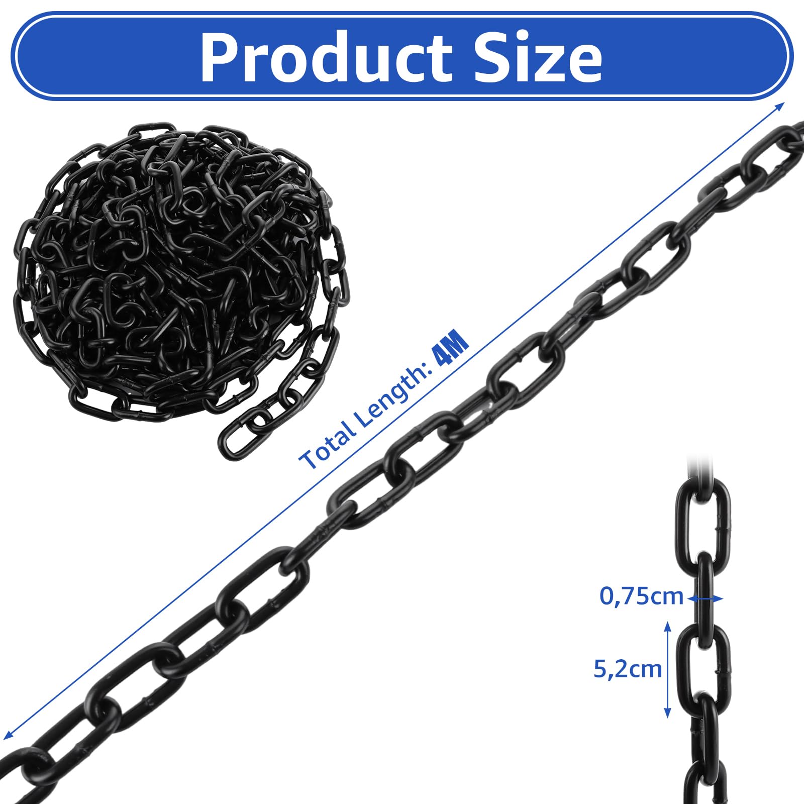 4 metros de cadena lacada en negro, diámetro de 8 mm, cadena de acero al carbono, columpio, cadena de silla colgante, cadena de seguridad para colgar vallas