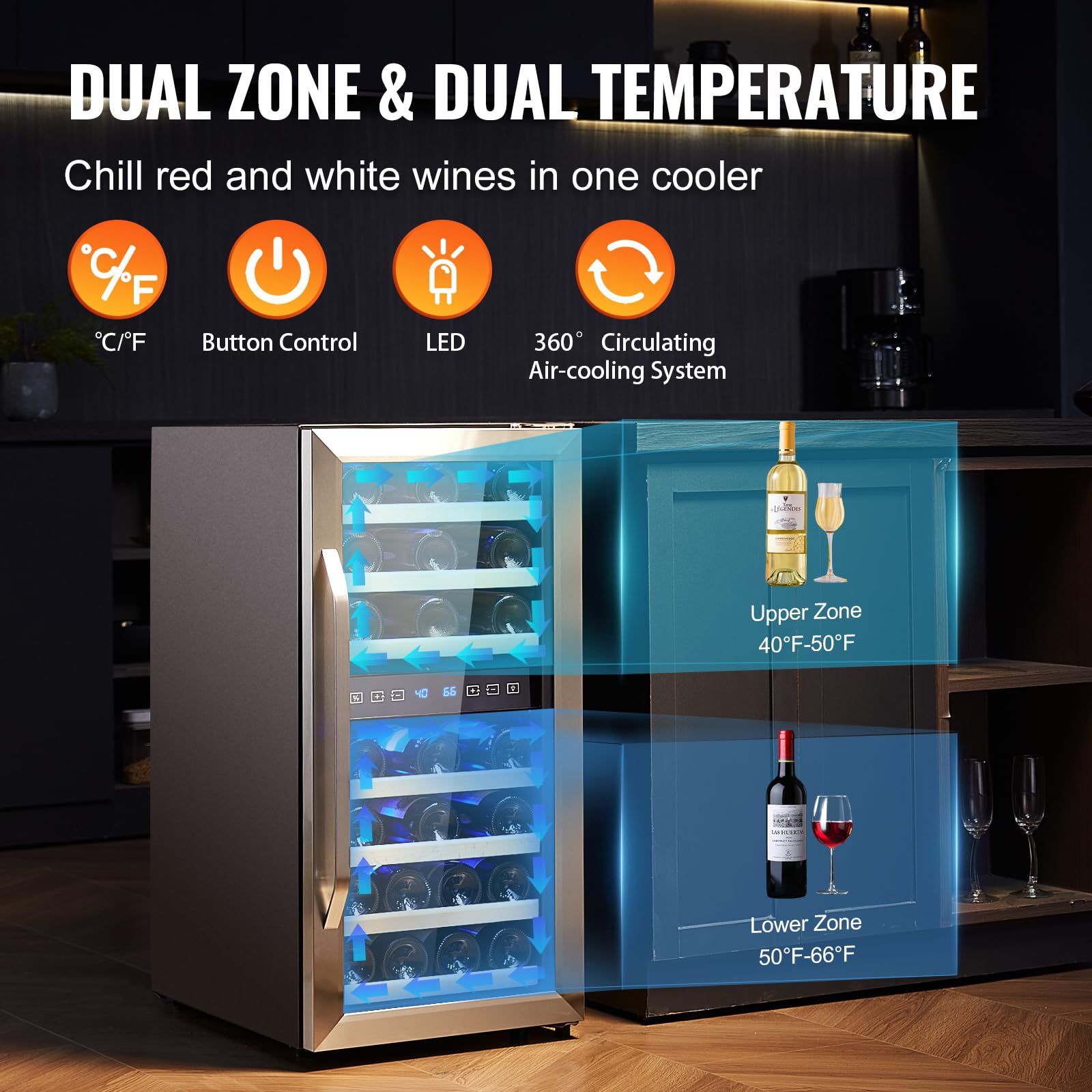 VEVOR 33-Bottle Wine Cooler, Dual Zone & Dual Temperature Wine Fridge, Freestanding Refrigerator With Circulating Air-Cooling And Digital Control, Tempered Glass Door With Uv Protection, For Home Bar on Fridge.com - View 3