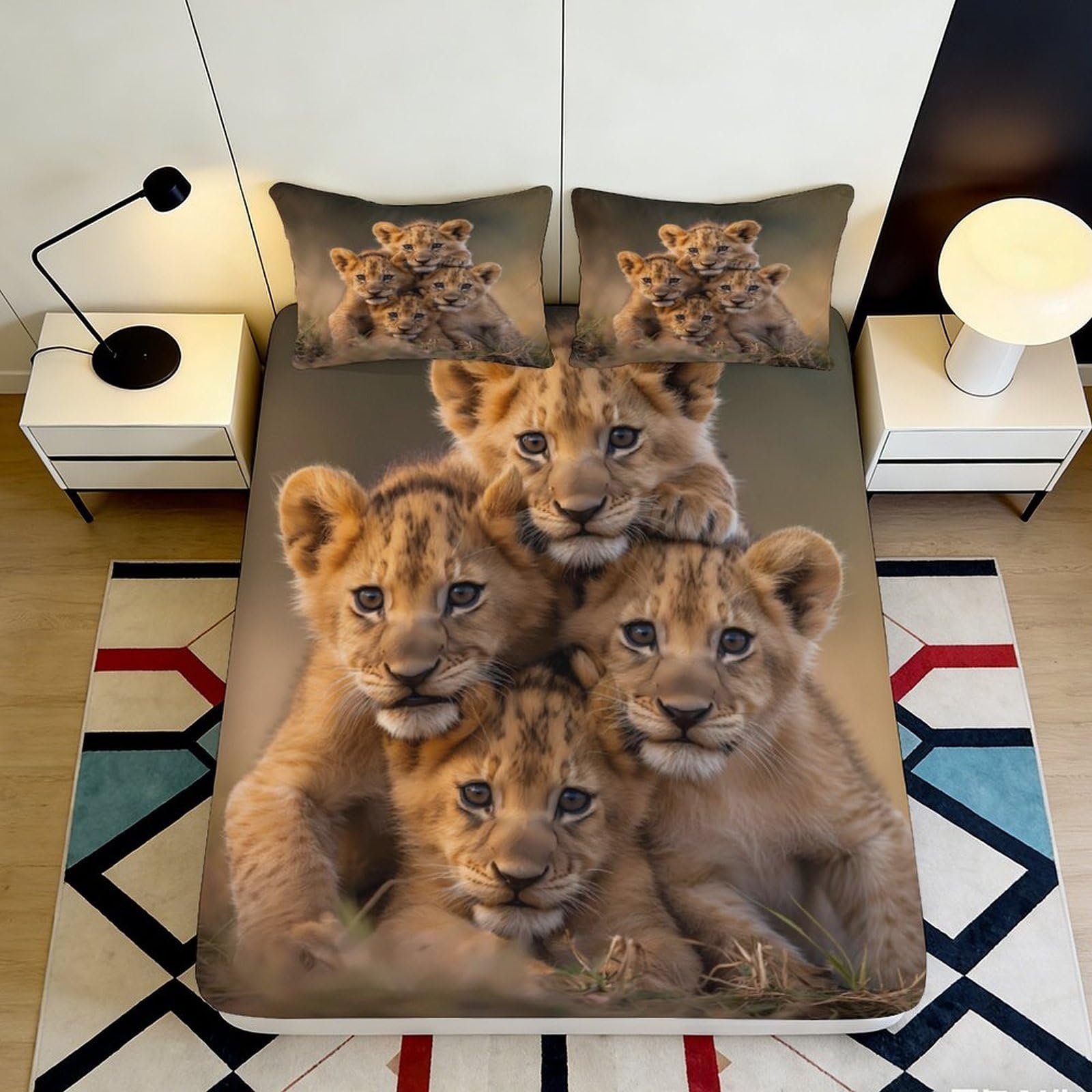 3D Printed Lion Cub Fitted Sheet Microfiber Soft Anti-Slip Mattress Cover for Bedroom Dorm Bed Protection Decor 90x200x25cm