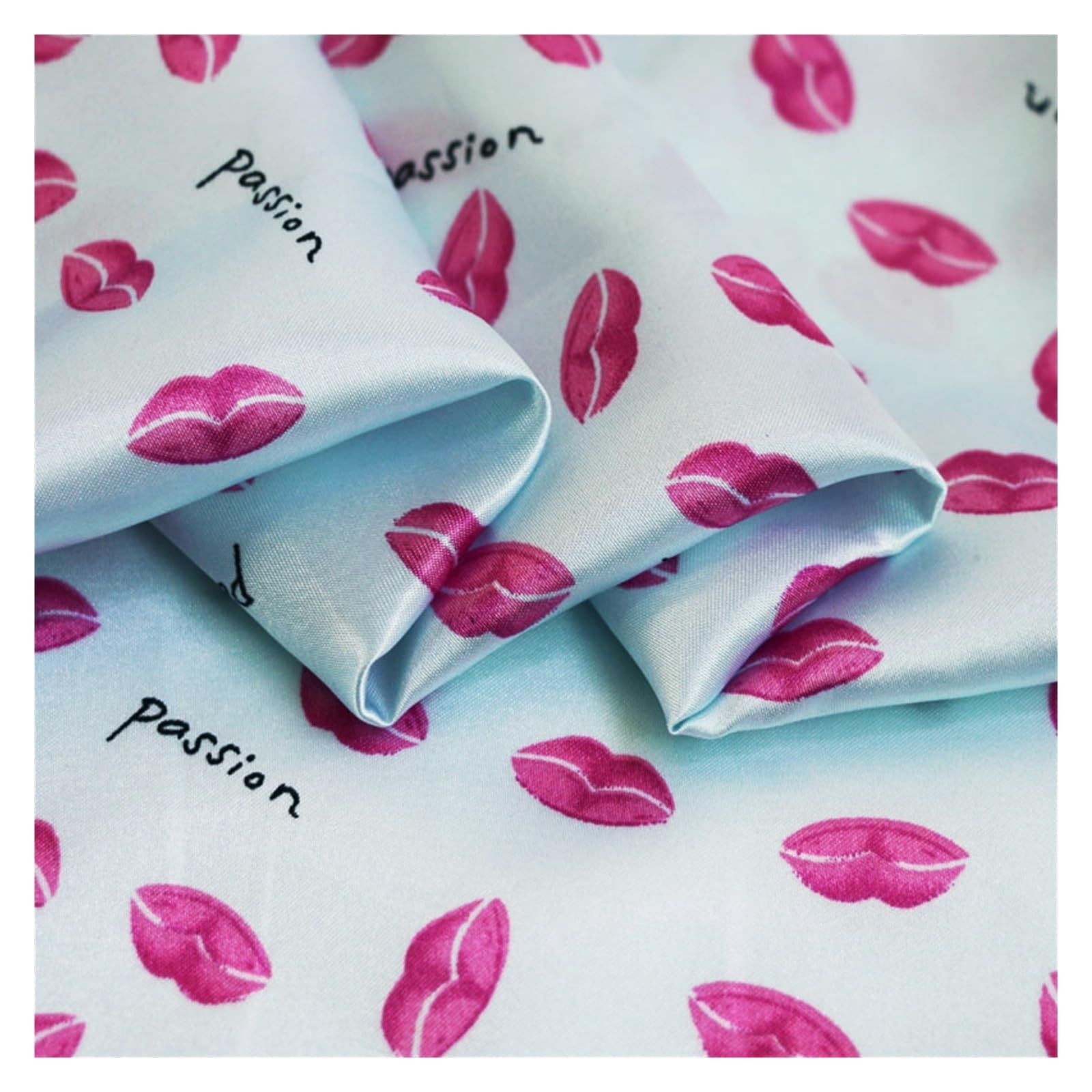 Tejido de satén sedoso líquido, Tela Satén Estampado Labios Poliéster Multicolor 1m X 1.48m(Color 2 Baby Blue)