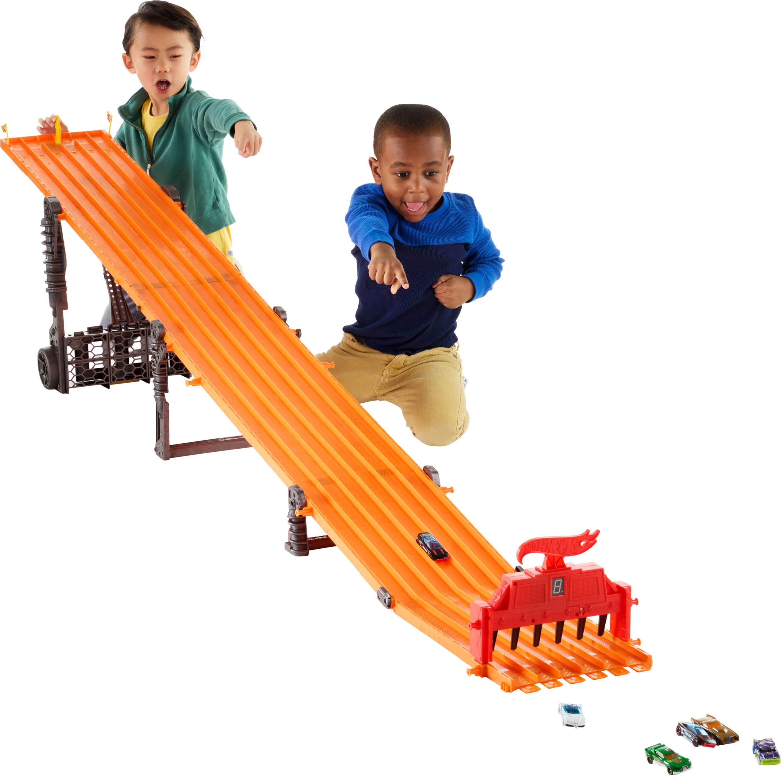 Toy Car Playset with Lights, Sounds & 6 1:64 Scale Vehicles, Super 6-Lane Raceway, 8-foot Track that Rolls Up for Storage (Amazon Exclusive)
