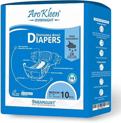 Arokleen 2X Absorbent Overnight Adult Diaper M Size Tape Style | 10 Count Medium | Waist 28-40 Inch (71.1-101.6 cm) | 16 H...