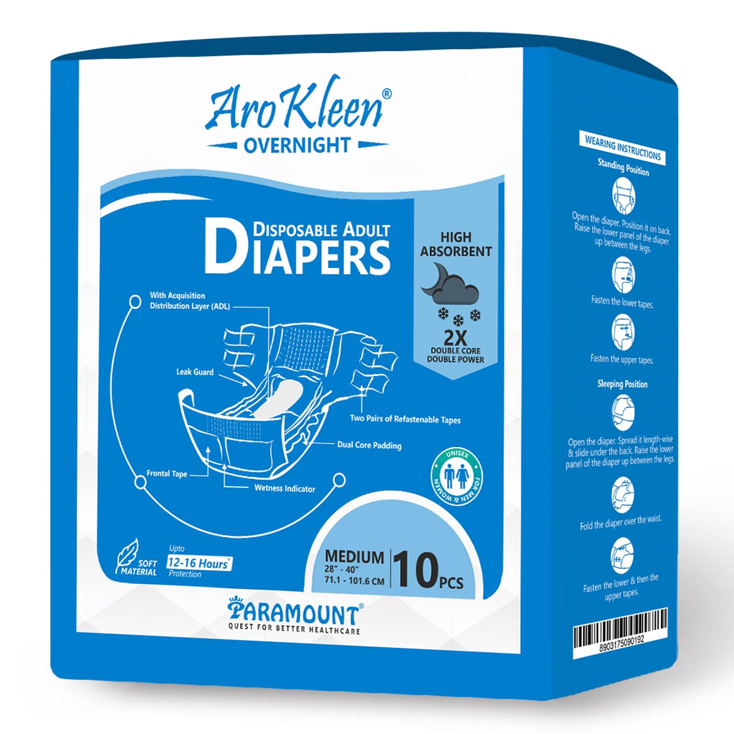 Arokleen 2X Absorbent Overnight Adult Diaper M Size Tape Style | 10 Count Medium | Waist 28-40 Inch (71.1-101.6 cm) | 16 H...