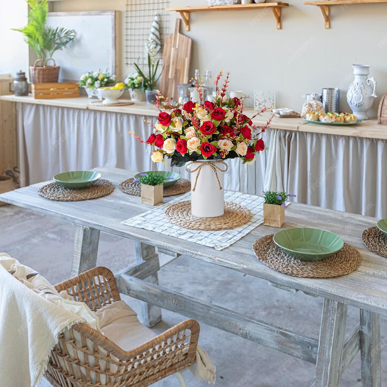 6 Set Fake Flower in Vase, Artificial Flowers with Vase, Centerpiece Table Decorations with 6 Pcs 6 Inch Large Vases and 12 Pcs Mixed Colors Silk Rose Bouquet for Wedding Home Office Farmhouse Decor