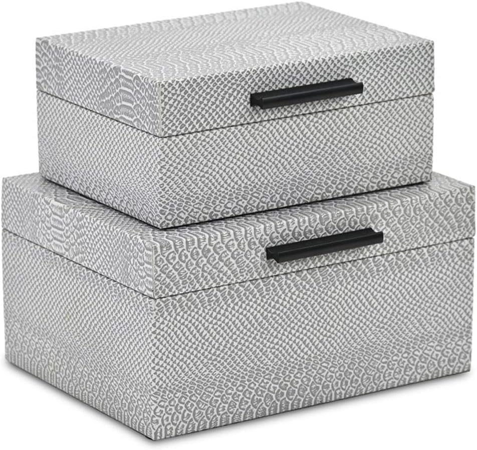 Pemberly Row Snakeskin Vinyl Box Set of 2, Gray Matte Finish with Black Handles, Compact Nesting Boxes for Storage, Handcrafted Decorative Accent for Shelves, Desks, Living Room or Office Use