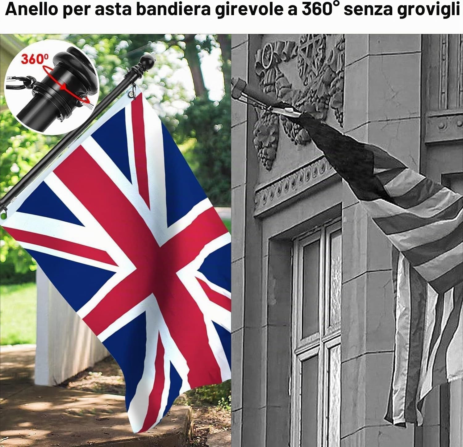 SOONHUA Asta per bandiera da giardino, 5 sezioni, in acciaio inox, resistente, anti-groviglio, lunghezza regolabile e antiruggine, per esterni, casa, giardino, cortile, tetto, pareti, 1,8 m