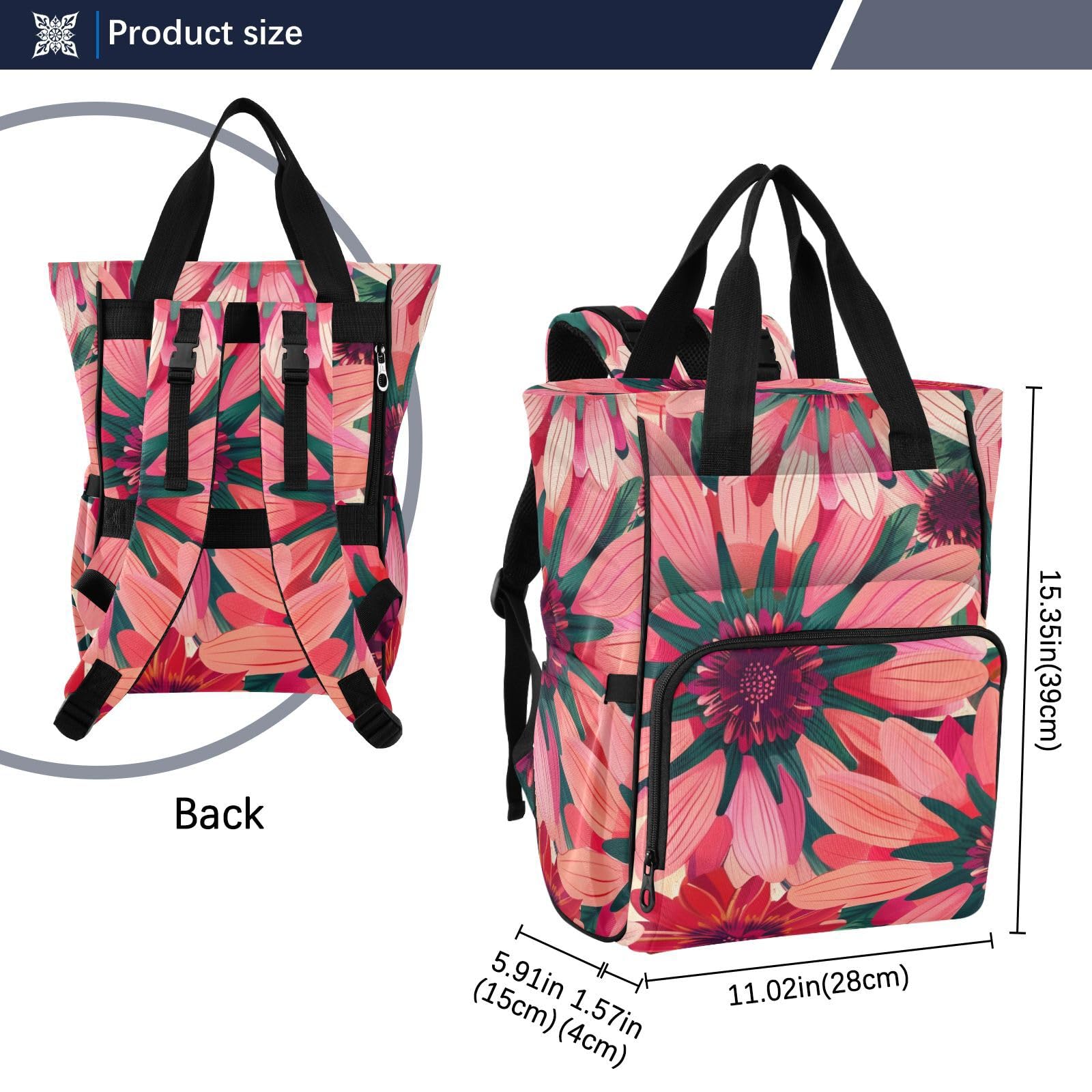 Borsa per pannolini zaino da donna fiori vivaci rosso