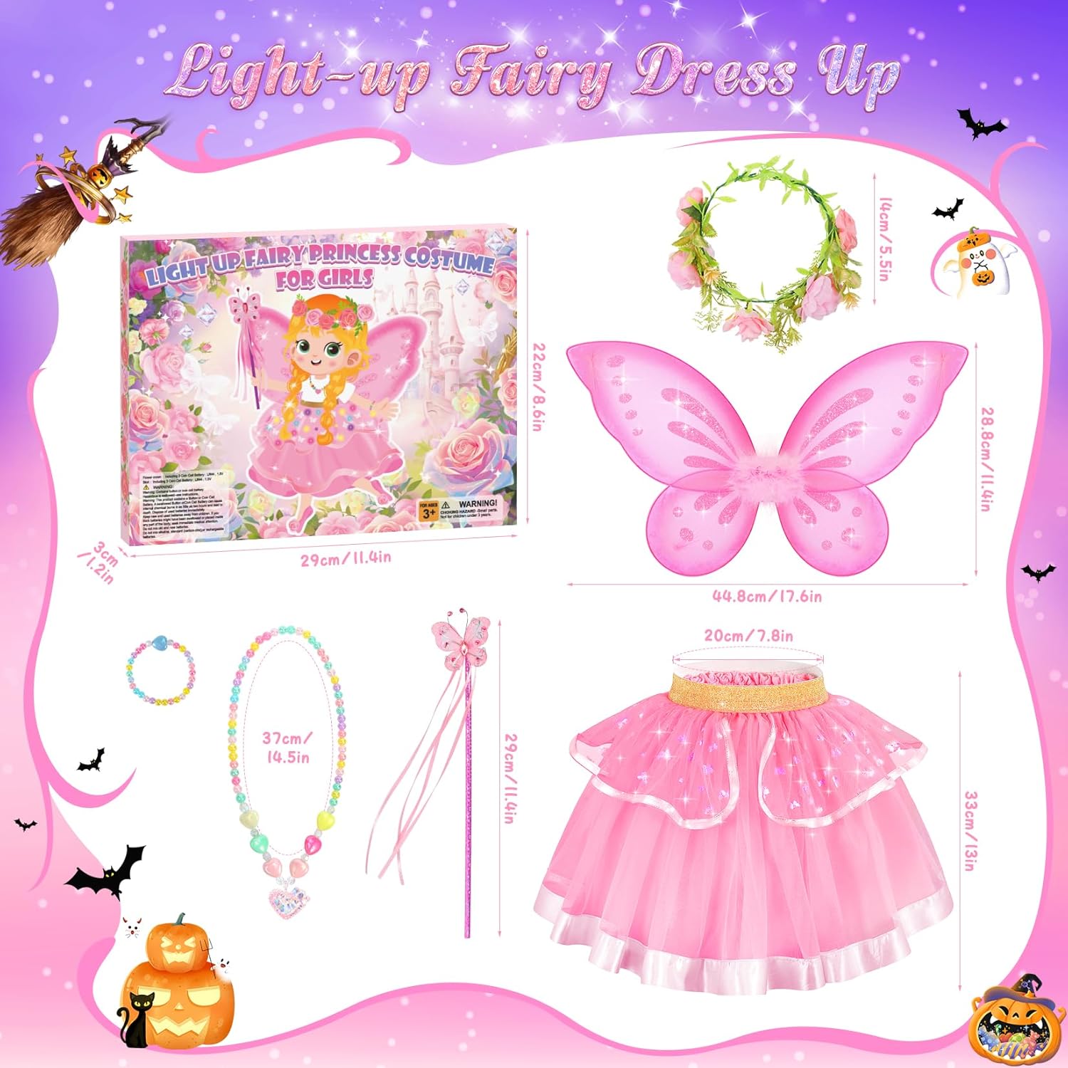 Fairy Costume for Girls,6 PCS Light up Butterfly Costume with Fairy Wings, Jewelry,Headband,Wand,Tutu for Toddler Girls 3-8 Years Halloween Birthday Party Dress up - Image 7