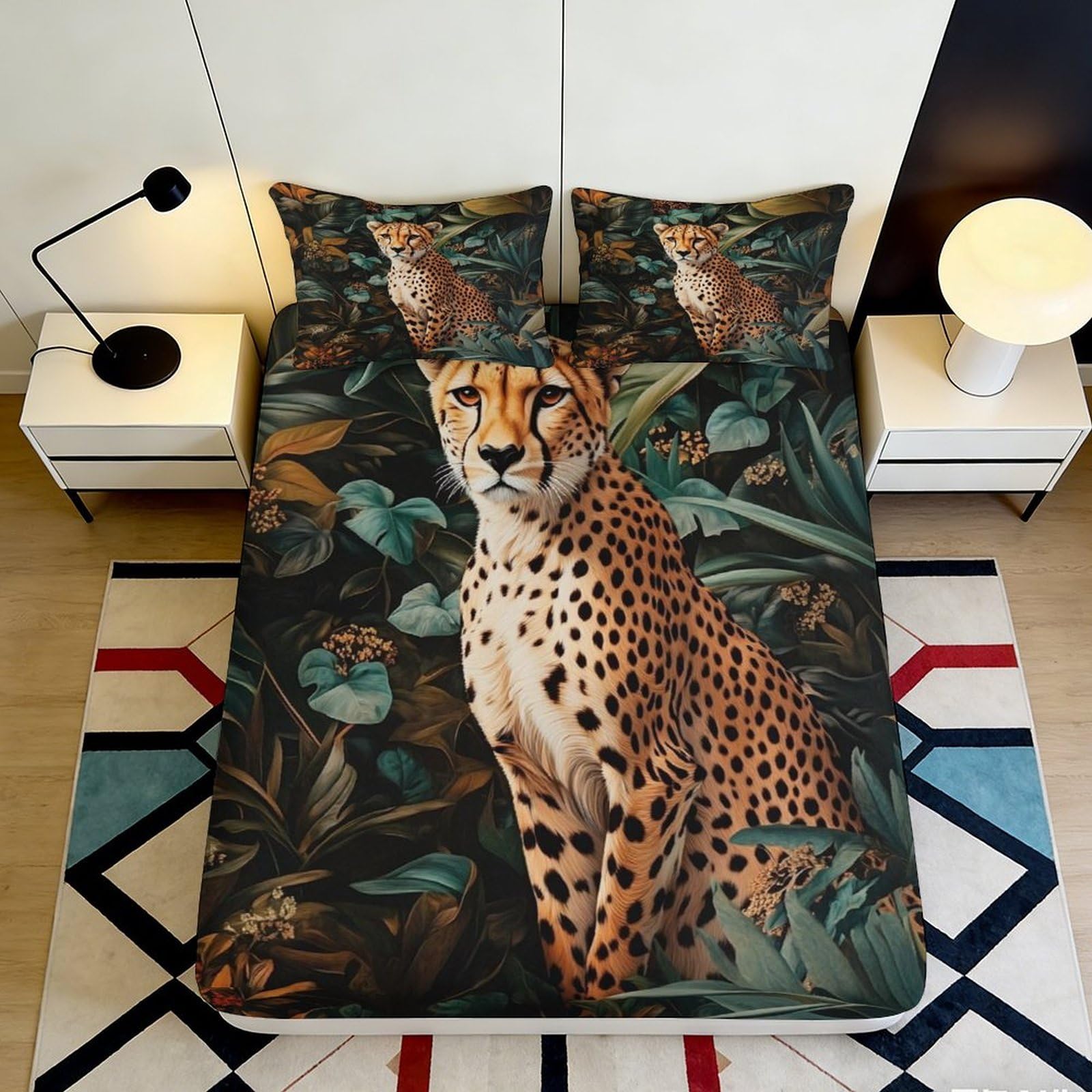 Uxinyoume Style-10 3D Printed Cheetah Jungle Fitted Sheet Microfiber Soft Non-Slip Mattress Cover Animal Decor Bedroom 90X200x25cm