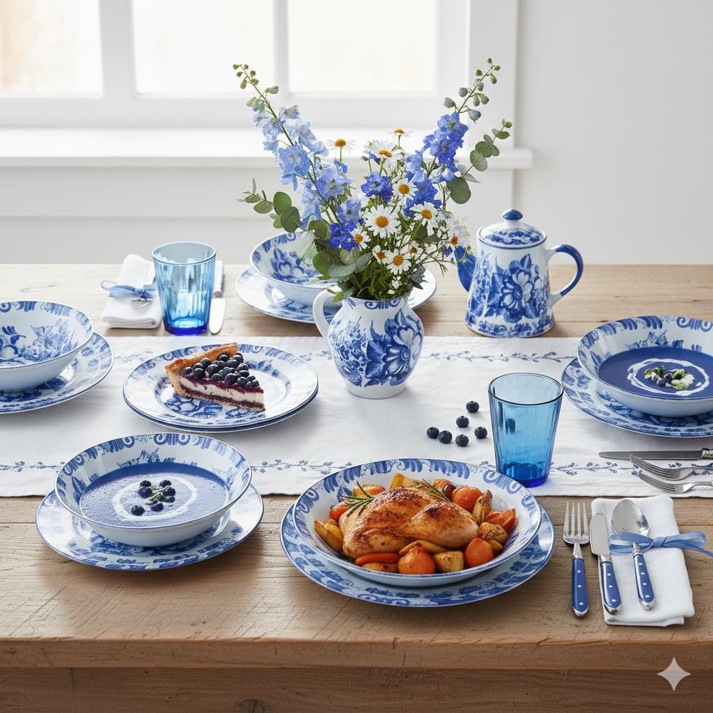 Gschel - Vajilla de 19 piezas de vidrio opal | Vajilla con diseño floral blanco y azul para 6 personas | Resistente a los golpes y microondas