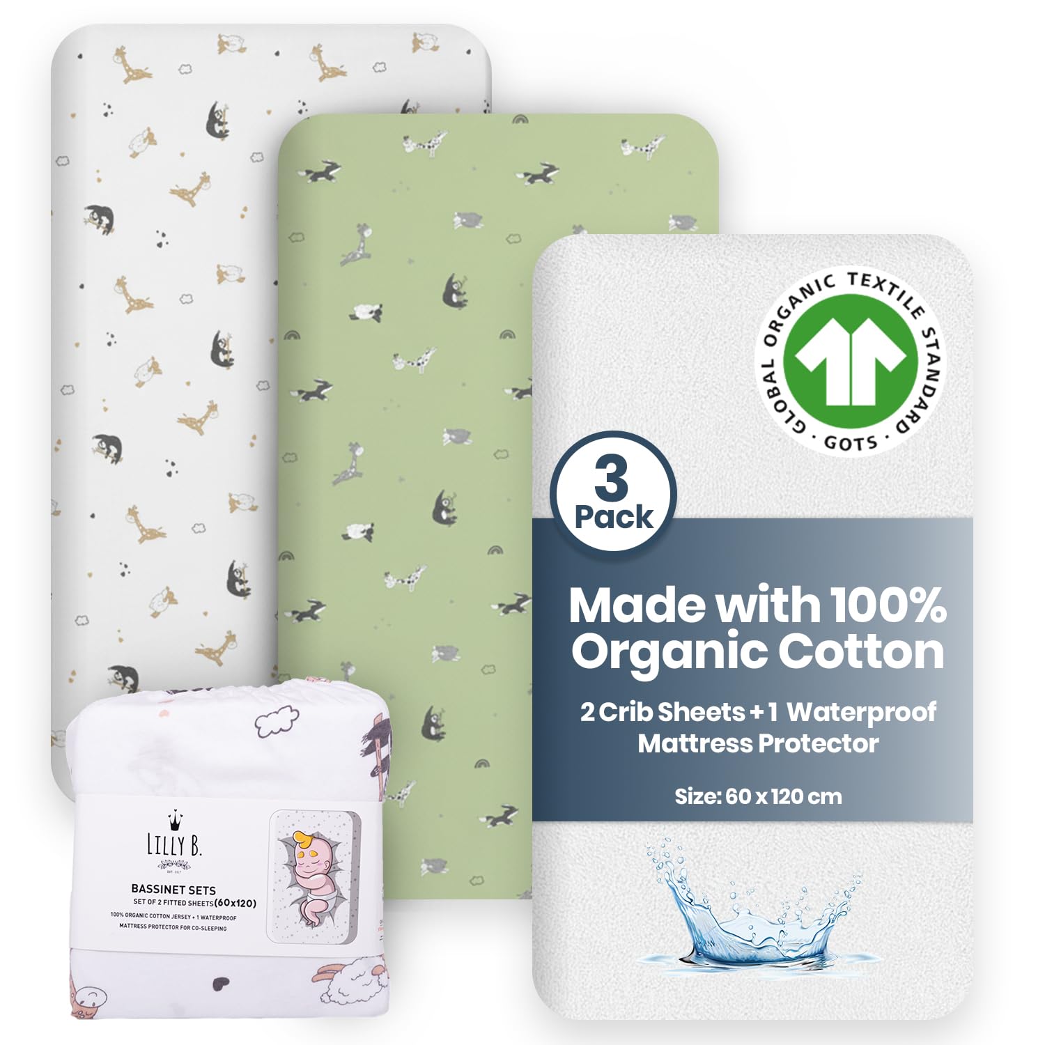 Lilly Belly Lilly B. GOTS-Bettlaken aus Bio-Baumwolle, 120 x 60 cm, ausgestattet mit 2+1 wasserdichtem Schutz, kompatibel mit Snuzpod, Next2me und allen Beistellbetten, Mini-Kinderbetten bis zu 60 x 1