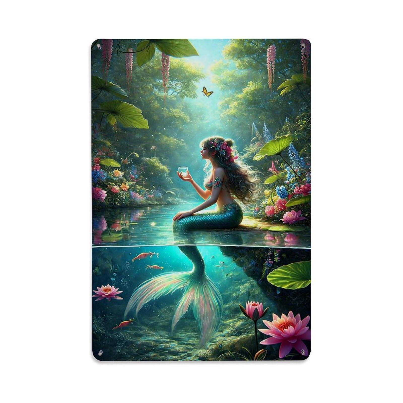Fantasy Mermaid Garden Water Flowers Retro Metal Tin Sign, Vintage Decor Art Poster for Bar, Home, Man Cave, Kitchen, Laundry Room Gift 8x12Inch