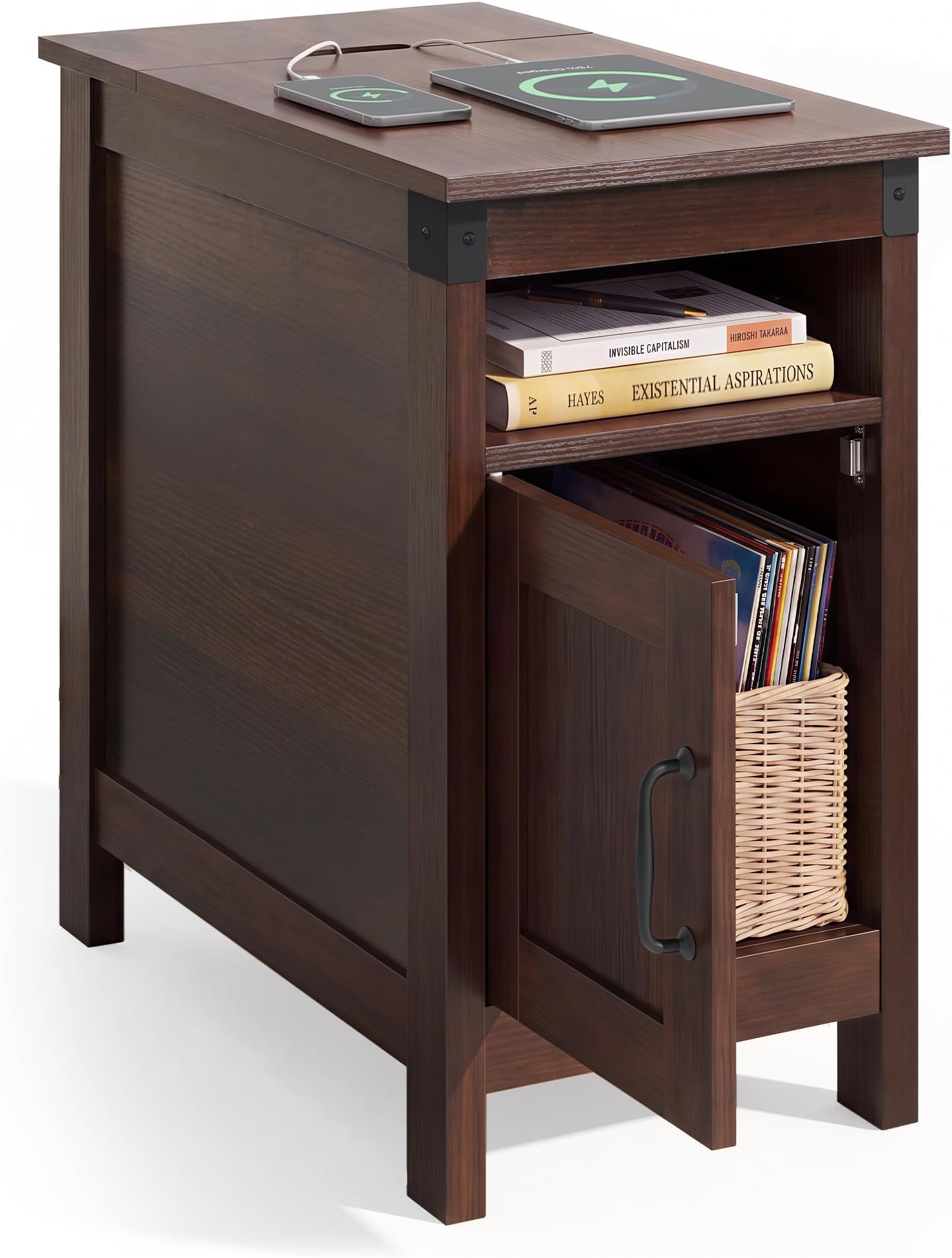 WLIVE End Table with Charging Station, Narrow Side Table for Living Room, Farmhouse Night Stand with Storage, Small Wooden Nightstand with USB Ports and Outlets for Living Room and Bedroom, Espresso