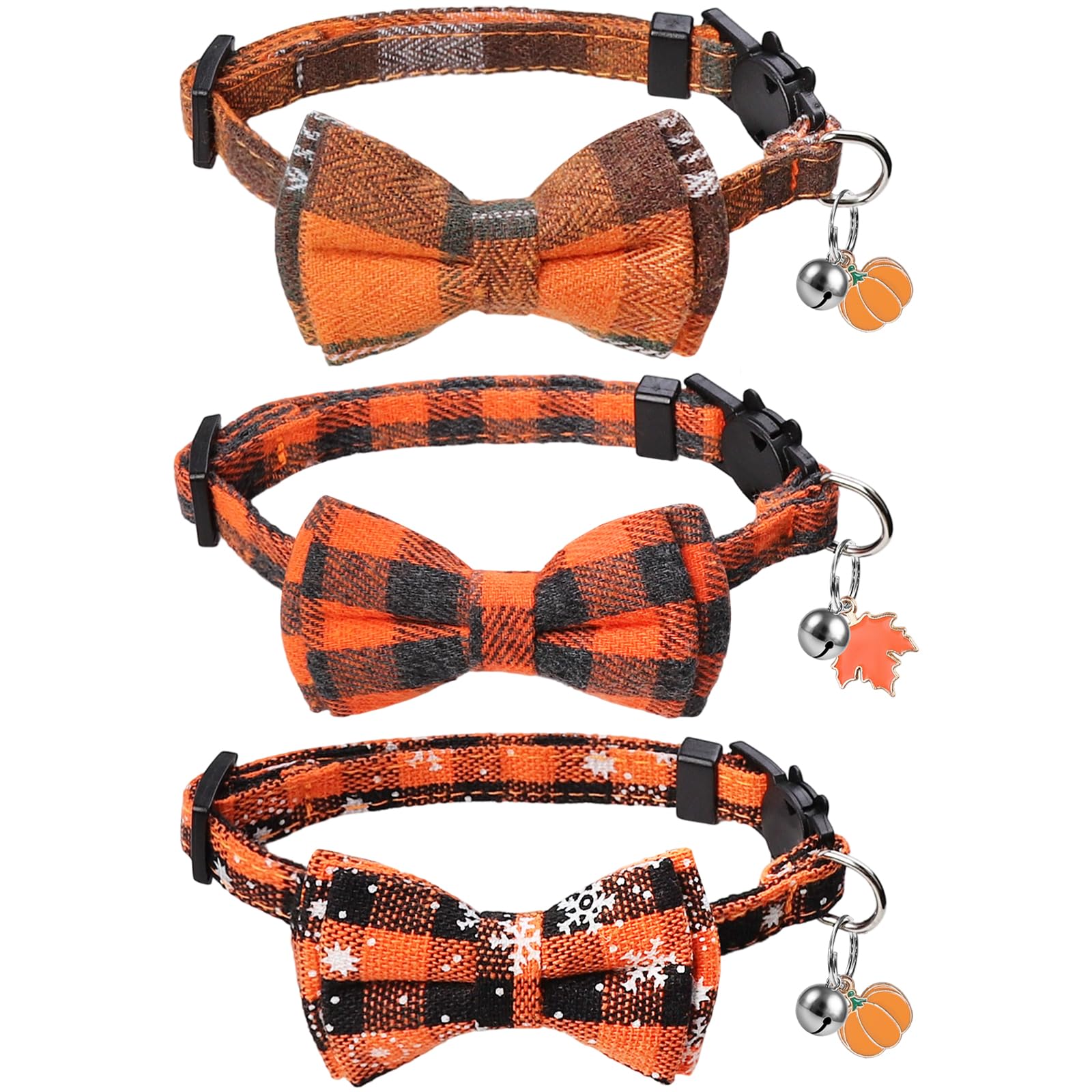 ZTUELIA Fall Cat Collar Breakaway, Orange Plaid with Bow and Bell 3 Pack