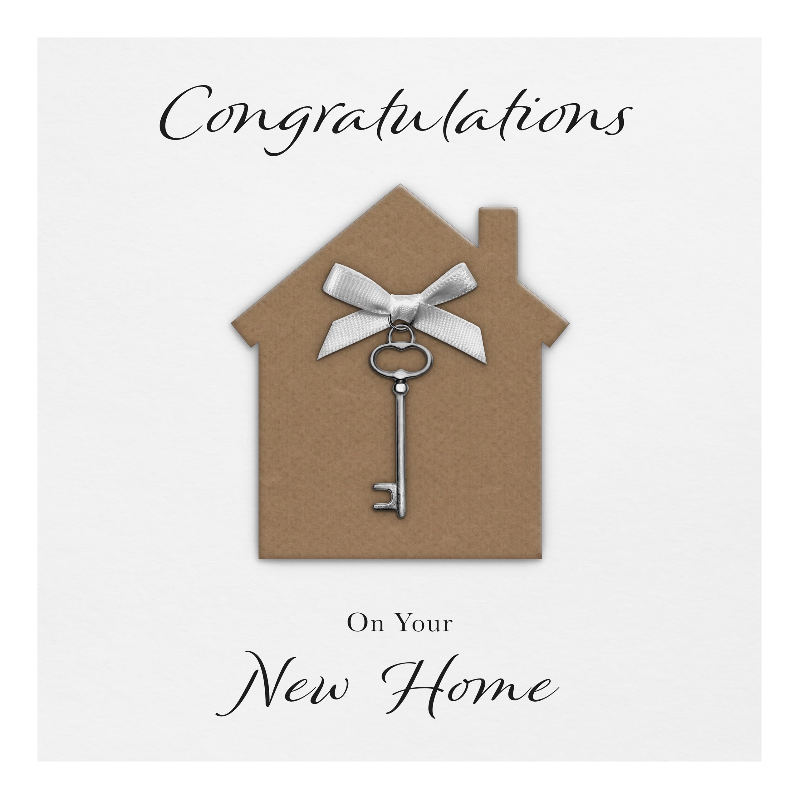 New Home Card "Key Charm & Bow" - Handmade UK (Kraft House/White Bow)