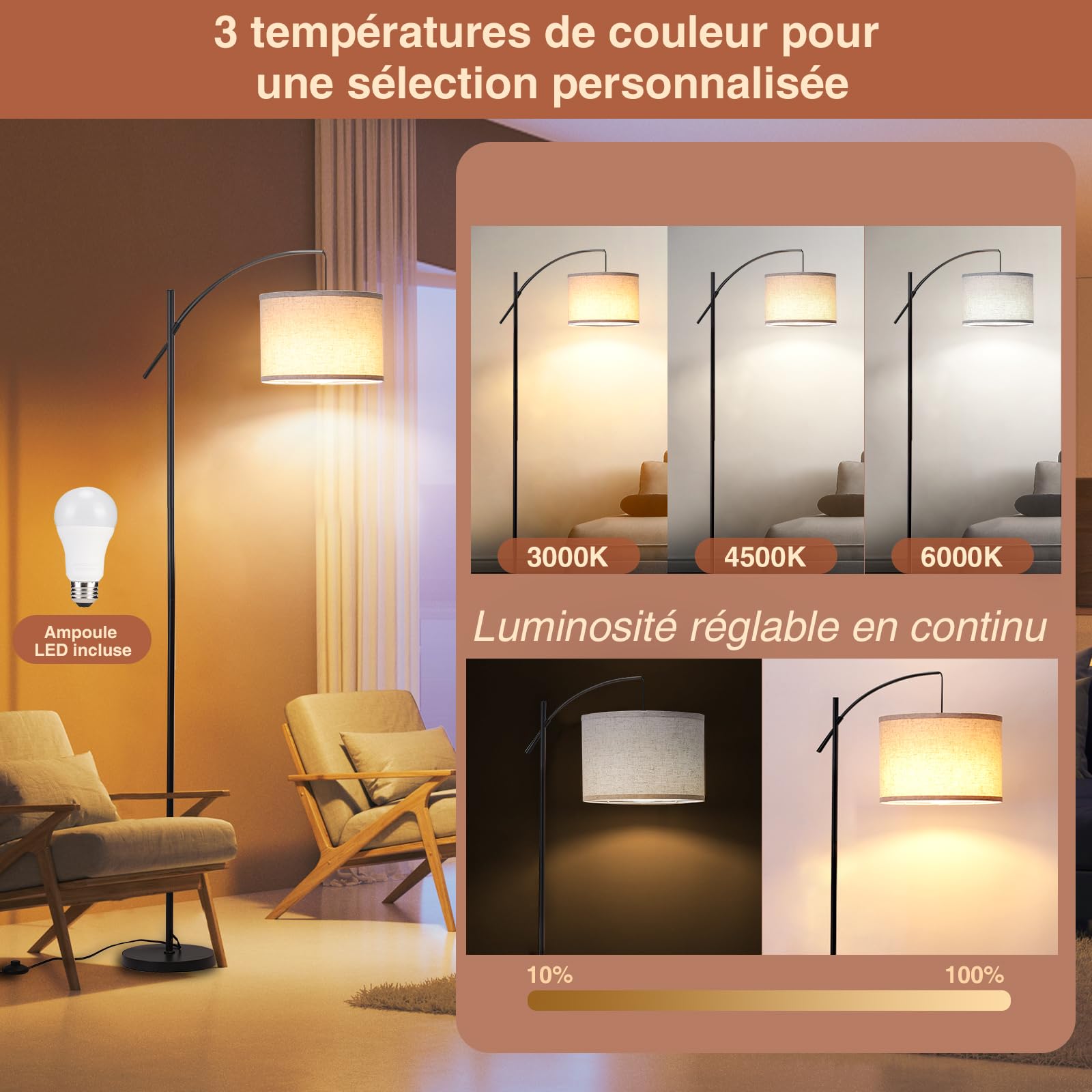FIMEI Lampadaire avec Télécommande & Interrupteur au Pied - 3 Couleurs Changeantes, 187.4cm pour Salon, Chambre à Coucher, Bureau - 9W Ampoule, Minuterie 1H