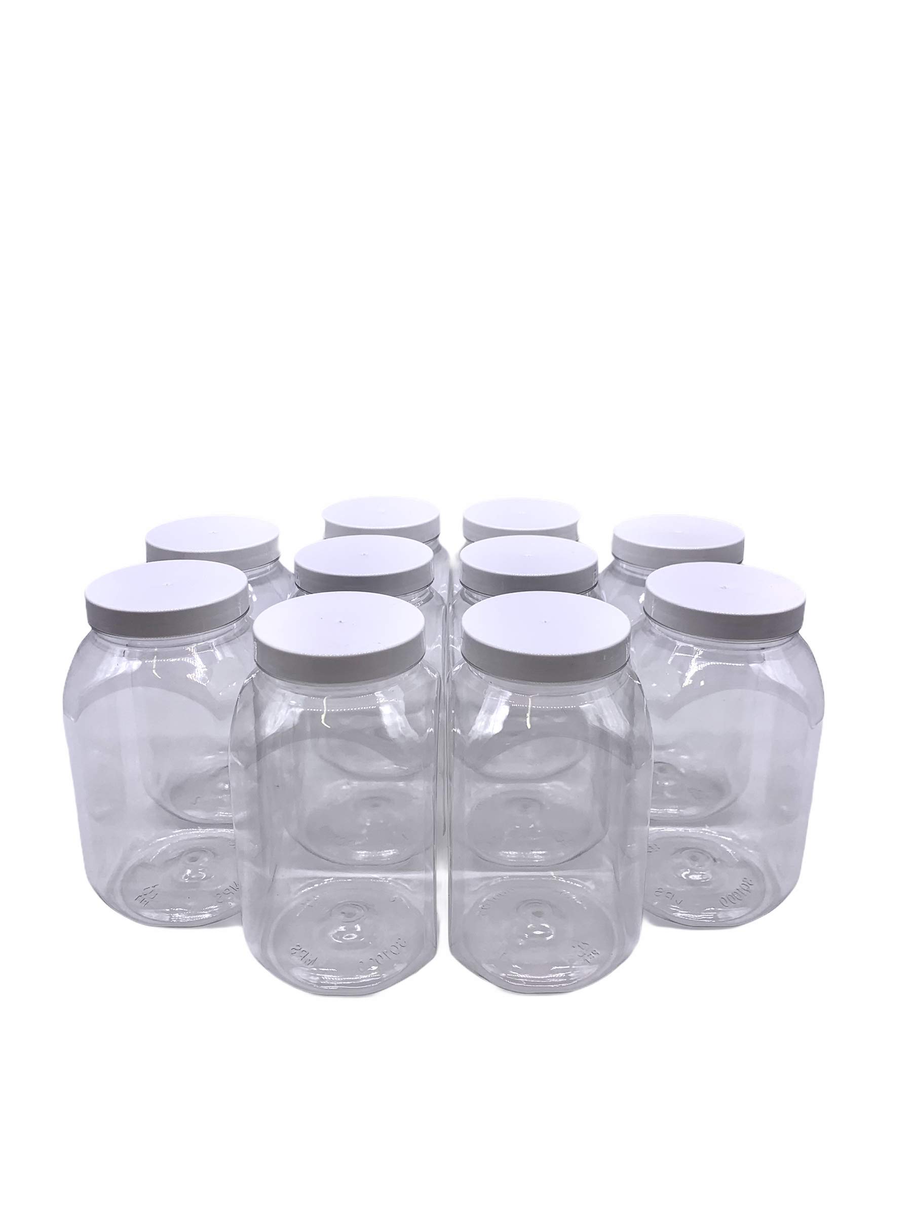 10 x 995ml Square Plastic Storage Jars Kitchen/Garage Organisation & White Lids