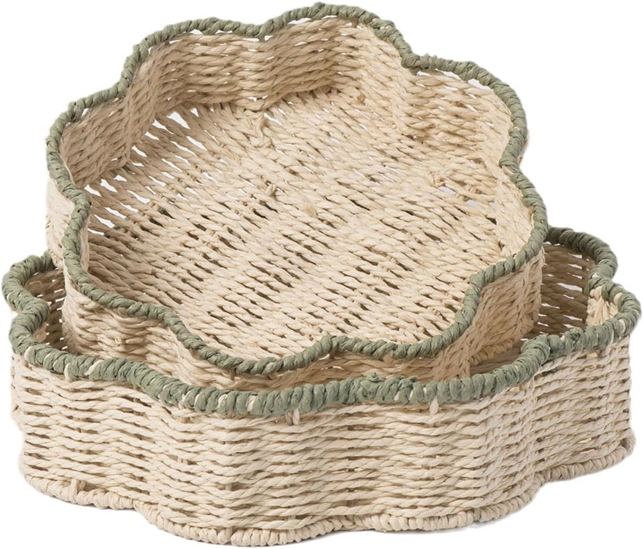 Scalloped Basket Tray, Stylish Storage with Hand-Woven Traditional Pattern, Paper Rope and Iron Round Fruit Basket Trays Multi-Purpose Serving Trays Two-Size Set Small, Home Déc