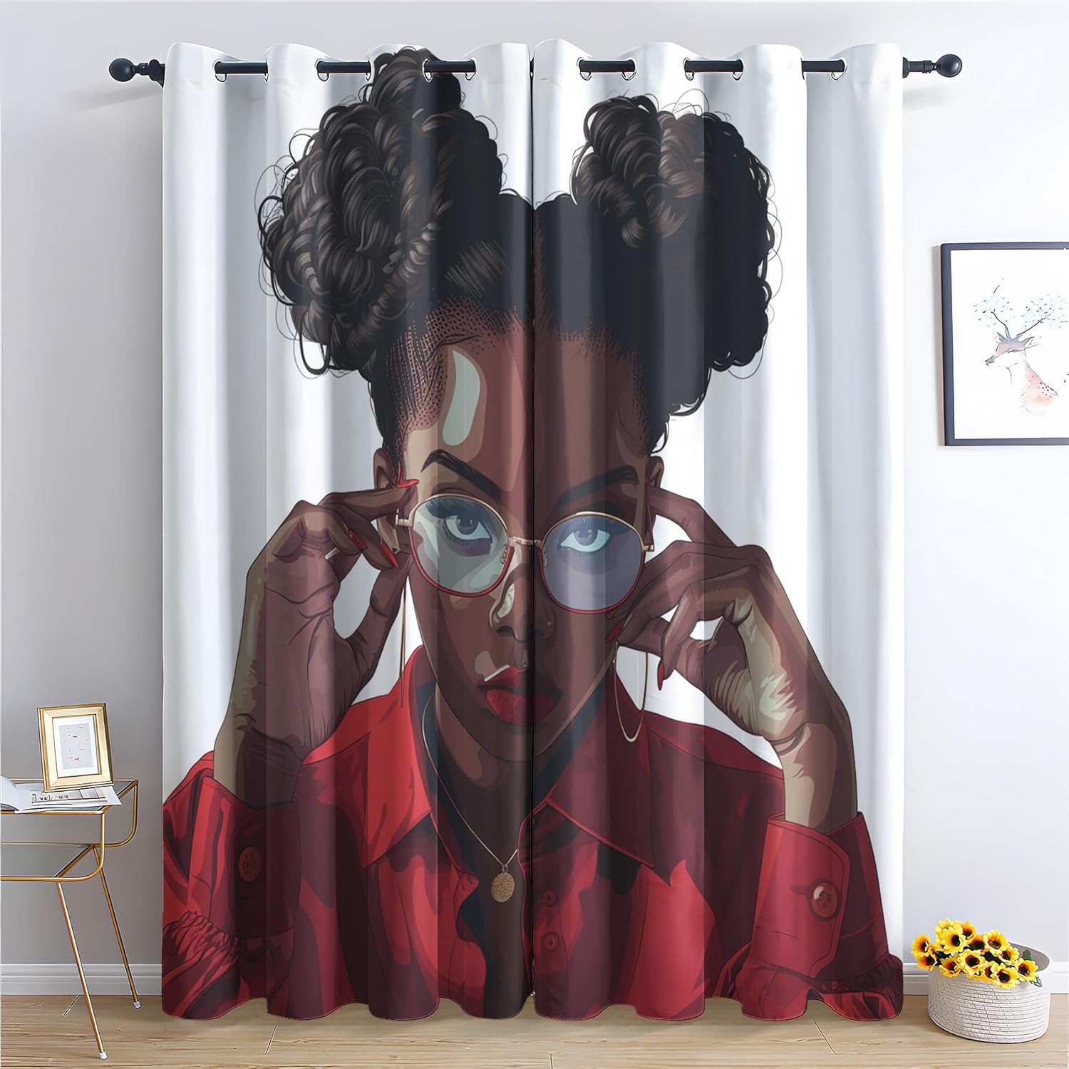 Boho Girl Curtains for Bedroom, Black Woman Blackout Curtains 63 Inch Length for Living Room, Room Darkening Thermal Curtains, Elegant Girl Drapes 2 Panels Set with Grommet Window Curtains