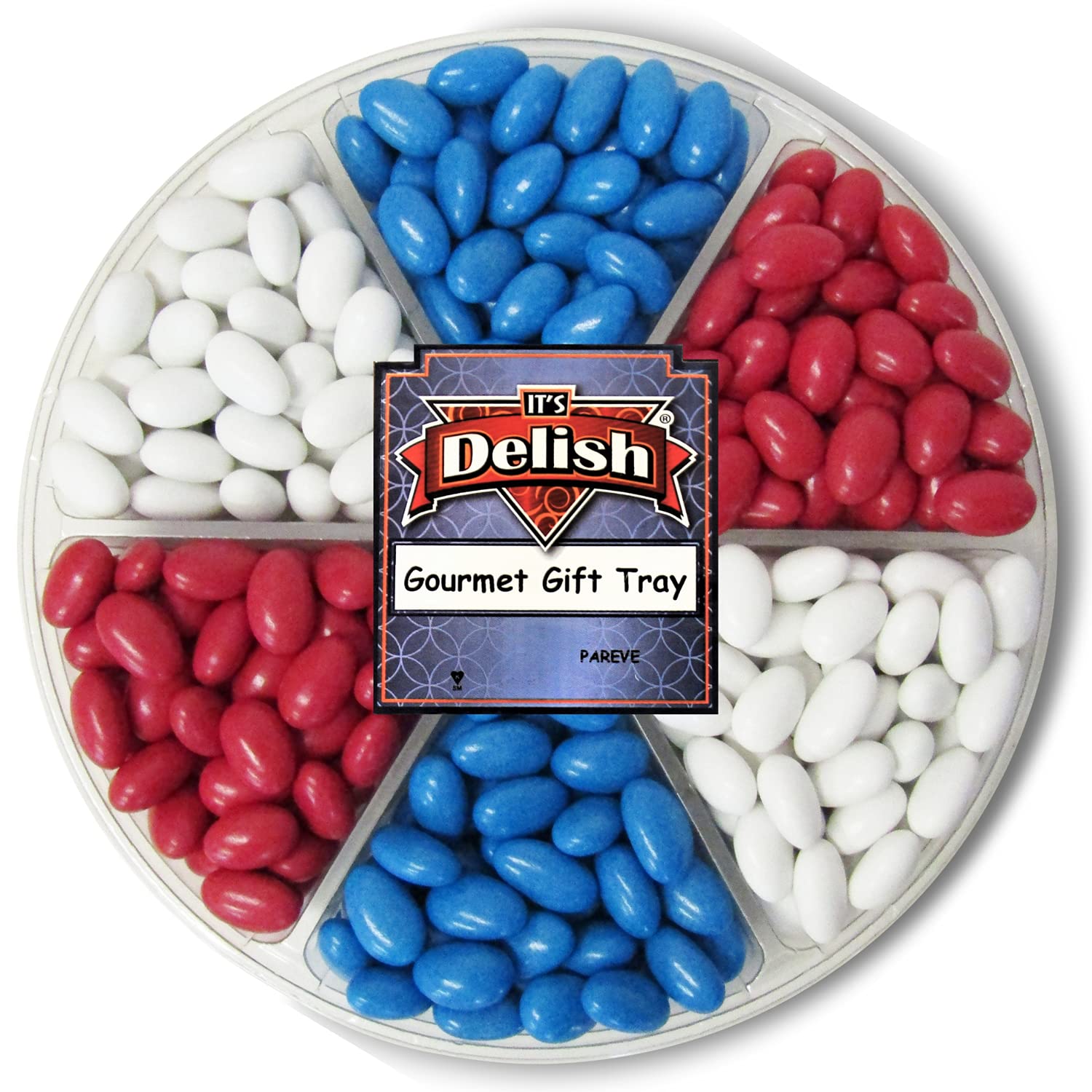 Patriotic Jordan Almonds Large Gift Tray by Its Delish, 36 OZ Gift Box | Red White and Blue Candied Almonds | Fourth of July Party Decorations US Flag Colors - Vegan & Kosher Candy | Made in USA