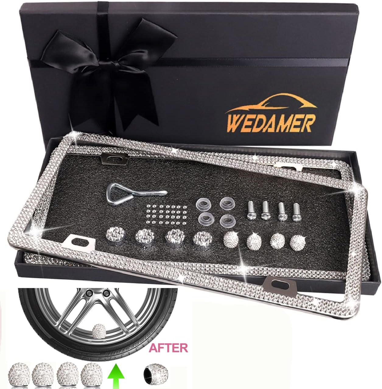 WEDAMER 2 Pack Bling License Plate Frames for Women, Sparkly Rhinestone License Plate Frame Diamond License Plate Frame Glitter Bedazzled Girly License Plate Frames Holder Cover Bling Tire Valve Caps