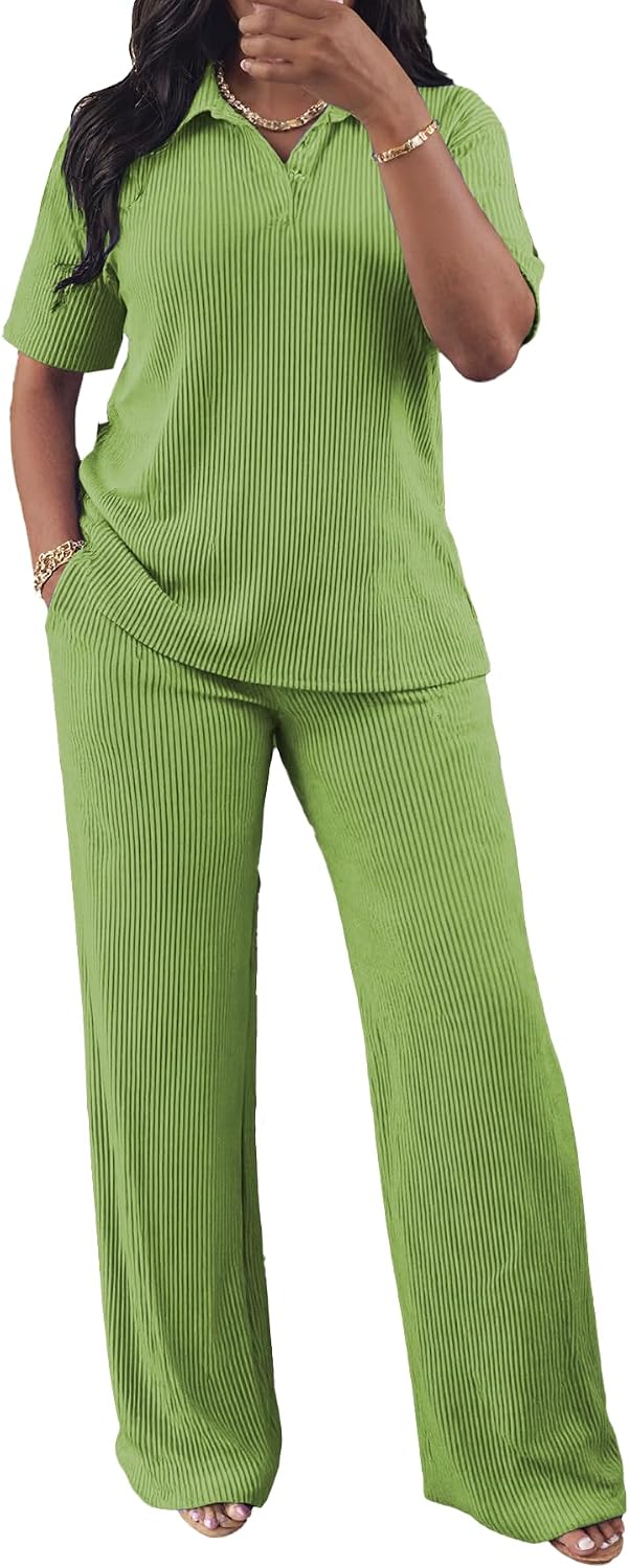 HBQ Women Two Piece Outfit Ribbed Short Sleeve Button Down Polo Top and Flare Pants Casual Lounge Sets Tracksuit