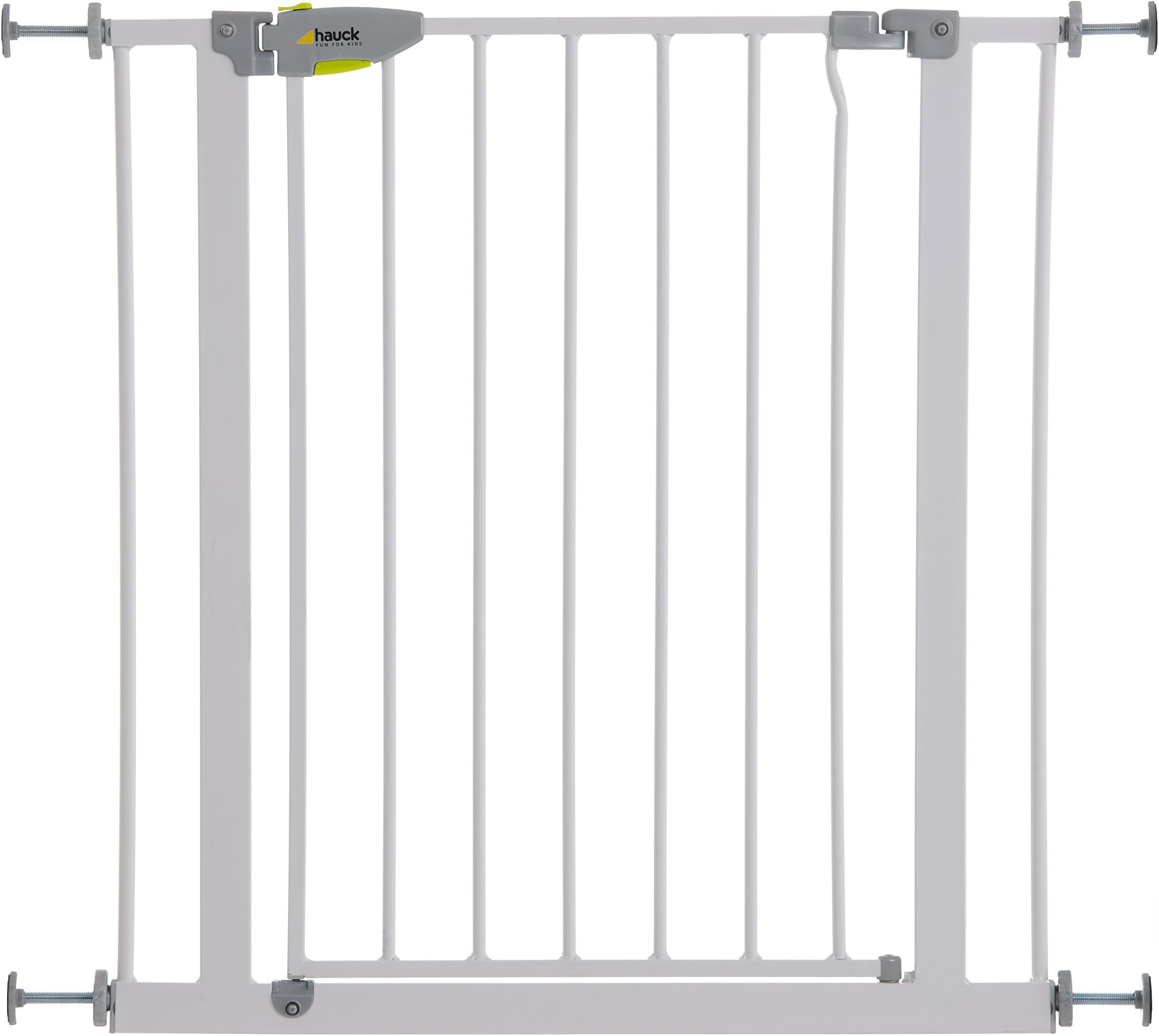 Hauck Squeeze Handle Safety Gate 75 - 81 cm, Pressure Fit, No Drilling, Safety Gate for Doors or Stairs Extendable up to 109 cm, Door Opens to Both Sides, White