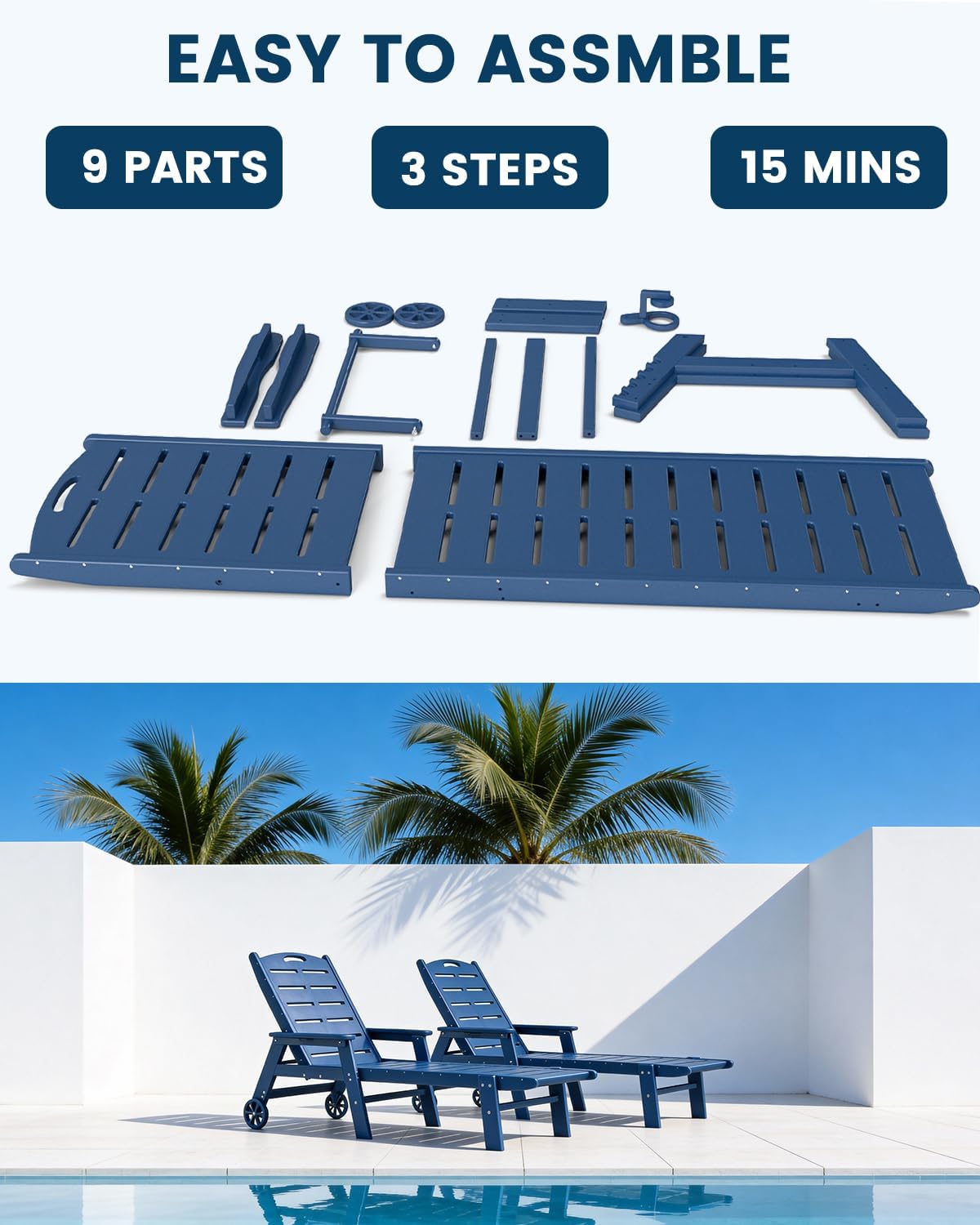 FOOWIN Chaise Lounge Chair Set of 2，HDPE Lounge Chair Outdoor with 5 Positions,Oversized Pool Lounge Chairs with Rolling Wheels & Cup Holder for Poolside Deck Backyard,Blue