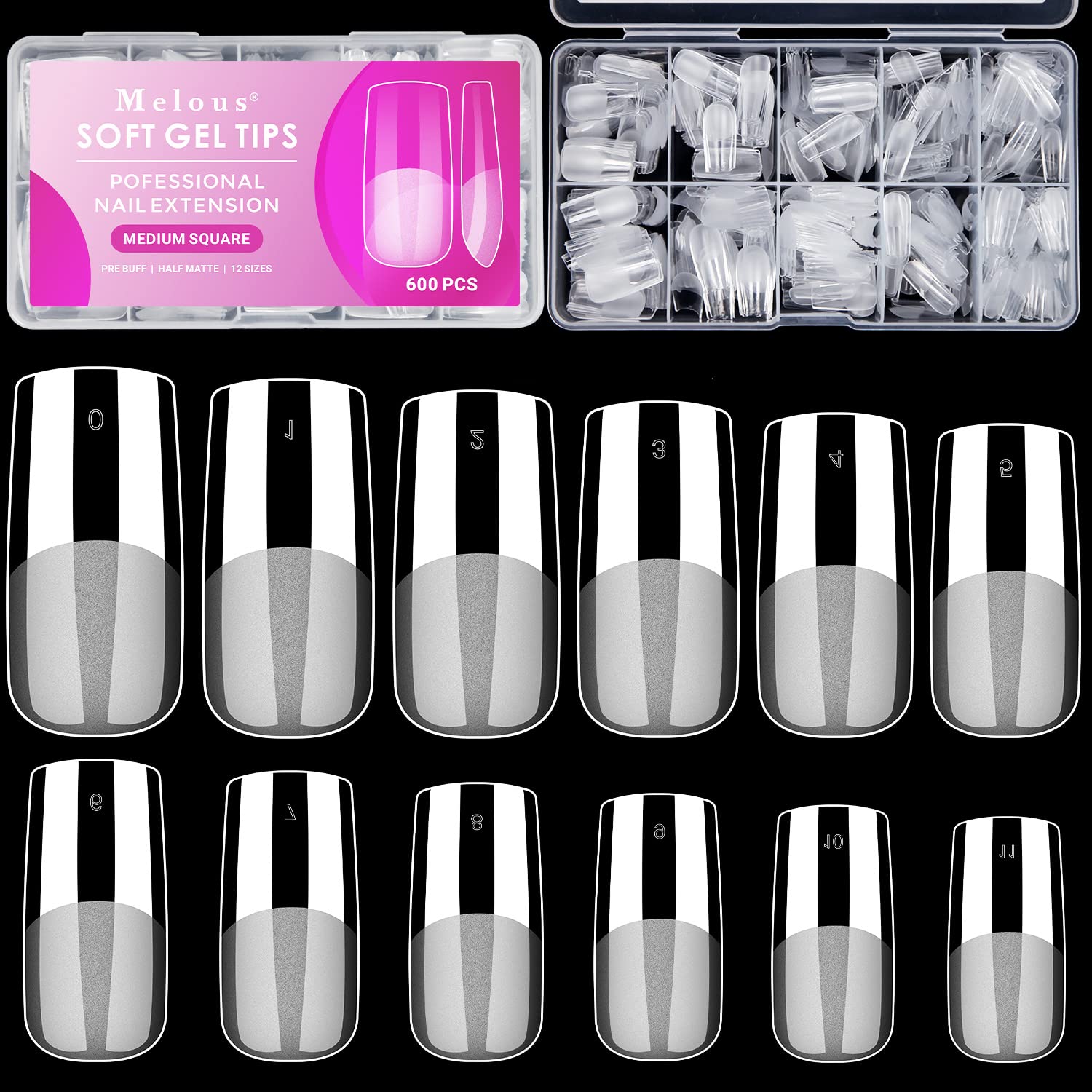 Medium Square Soft Gel Nail Tips, 600PCS Pre Buff Full Cover Nail Tips Half Matte Gel x Nail Tips
