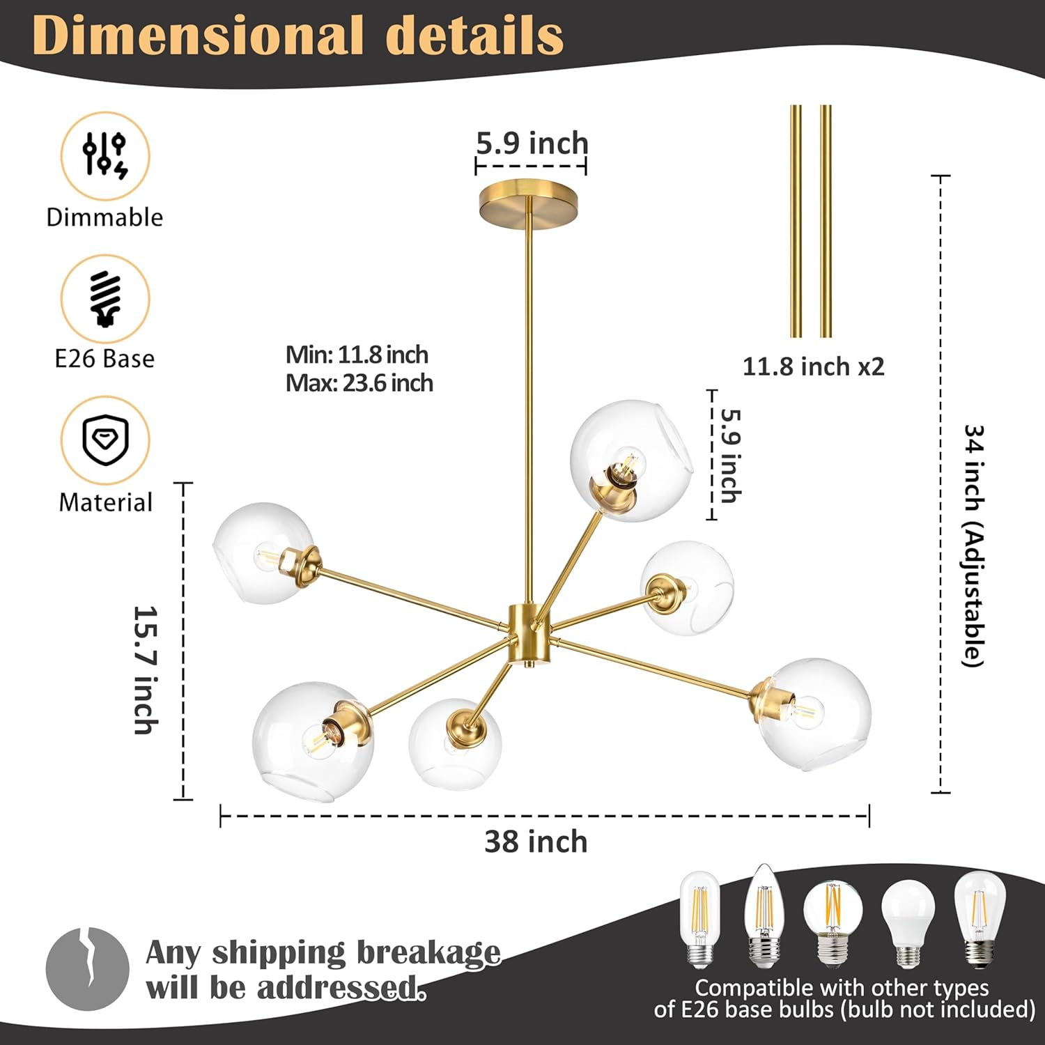 KoKo&Yukina 6-Light Globe Sputnik Chandelier Modern Gold Sputnik Chandelier Mid Century Pendant Light Gold Finished with Clear Globe Glass Lampshade Chandeliers for Dining Room Kitchen Bedroom