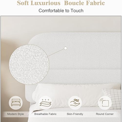 Miniatura 4 de HOMBCK - Base de cama tapizada suave de tejido bouclé, con cabecera, estribo reforzado y esquinas redondeadas, no requiere somier, fácil montaje,