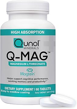 Qunol Q-Mag Magnesium L-Threonate Tablets, 2000mg of Magtein to Help Support Cognitive Performance, Improve Mental Alertness & Productivity, Supports Restful Sleep, High Absorption, 60 Count