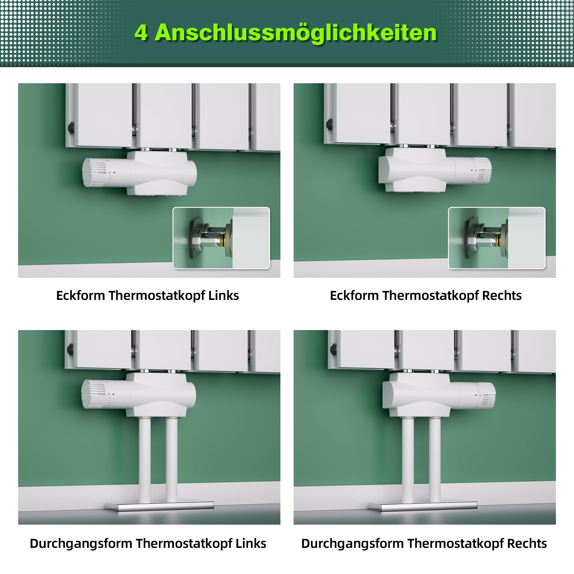 Multiblock Set für Heizkörper Anschlussarmatur mit Thermostat, Hahnblock Heizkörper Ventil Eck- und Durchgangsform 50mm, Heizkörperventil für Badheizkörper Heizungszubehör (G1/2",Weiß)