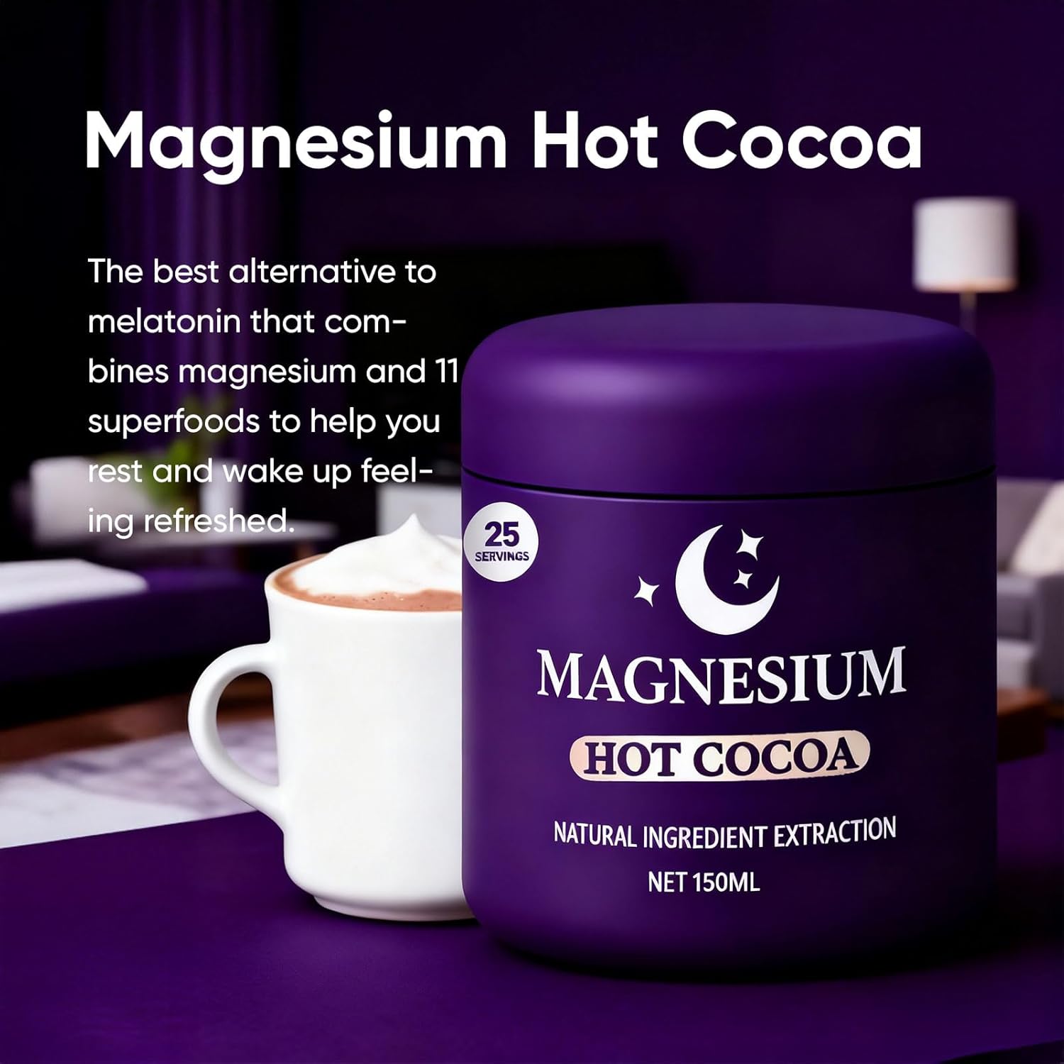 Magnesium Hot Cocoa Jar – Melatonin-Free Natural Sleep, Hot Chocolate Powder for Adults with Reishi Mushroom, L-Theanine, Chamomile & Zinc Glycinate, 25 Servings