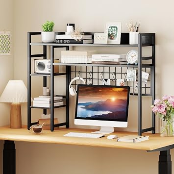 Tangkula Desktop Bookshelf for Computer Monitor Up to 32, Countertop Storage Hutch with 4 Open Shelves, Grid Panel, 6 Hooks, Anti-tip Device, 4-Tier Desktop Shelves for Home Office Dorm, Black