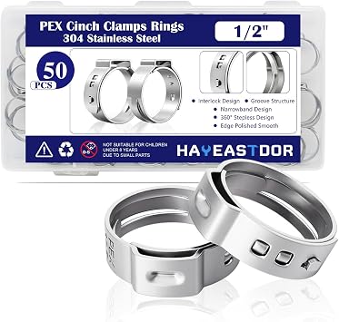 50PCS 1/2inch PEX Cinch Crimp Clamp Rings 304 Stainless Steel Single Ear Hose Clamps HE062-1/2