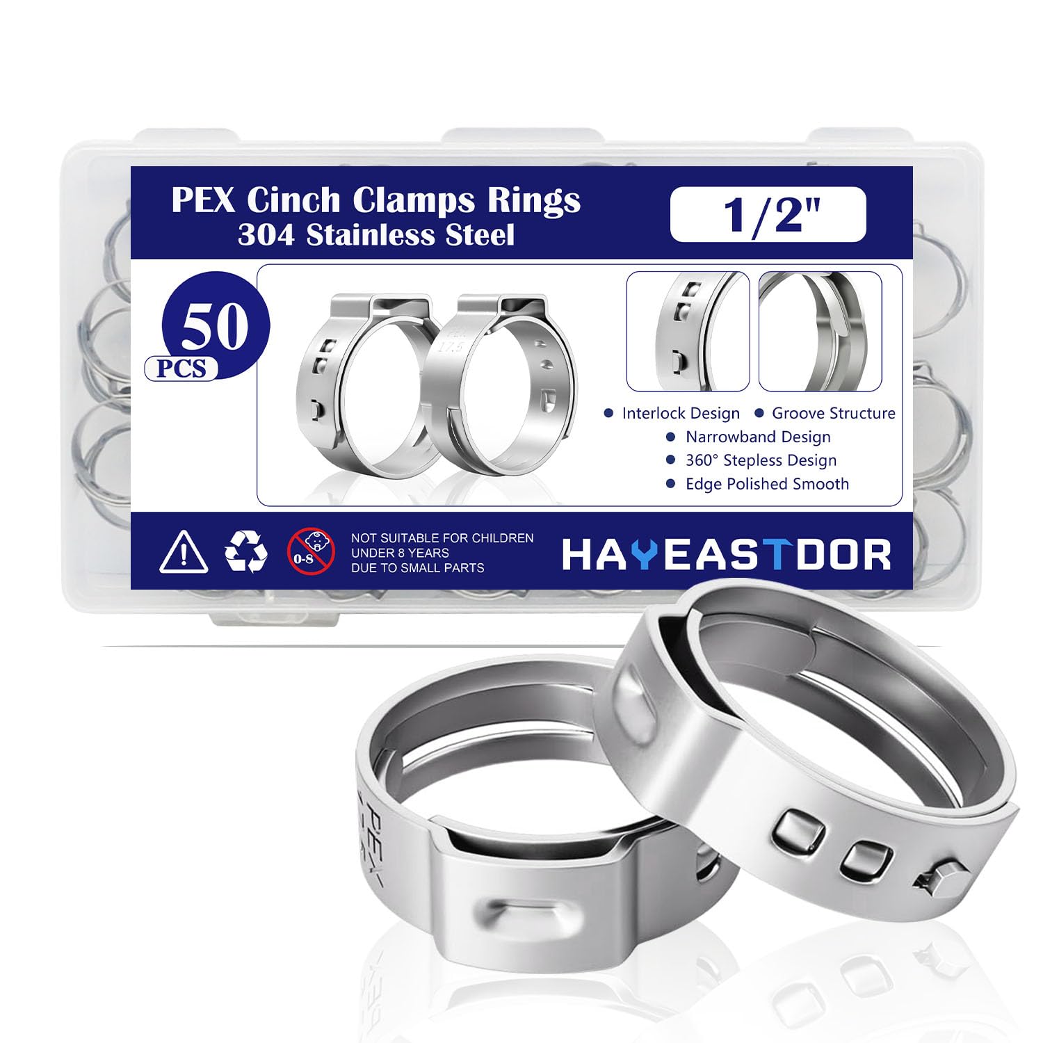 HayEastdor 50PCS 1/2inch PEX Cinch Crimp Clamp Rings 304 Stainless Steel Single Ear Hose Clamps HE062-1/2