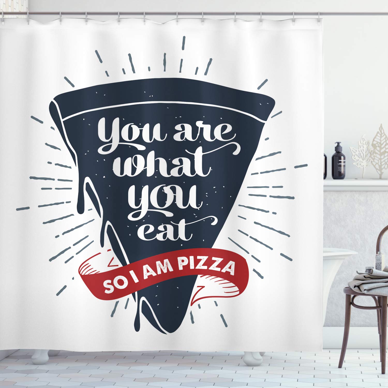 ABAKUHAUS Funny Words Shower Curtain, Grunge Pizza Slice with Retro Effect Humor Phrase About Fast Food, Cloth Fabric Bathroom Decor Set with Hooks, 86 Inches Extra Long, Dark Blue Red and Grey โ image 1