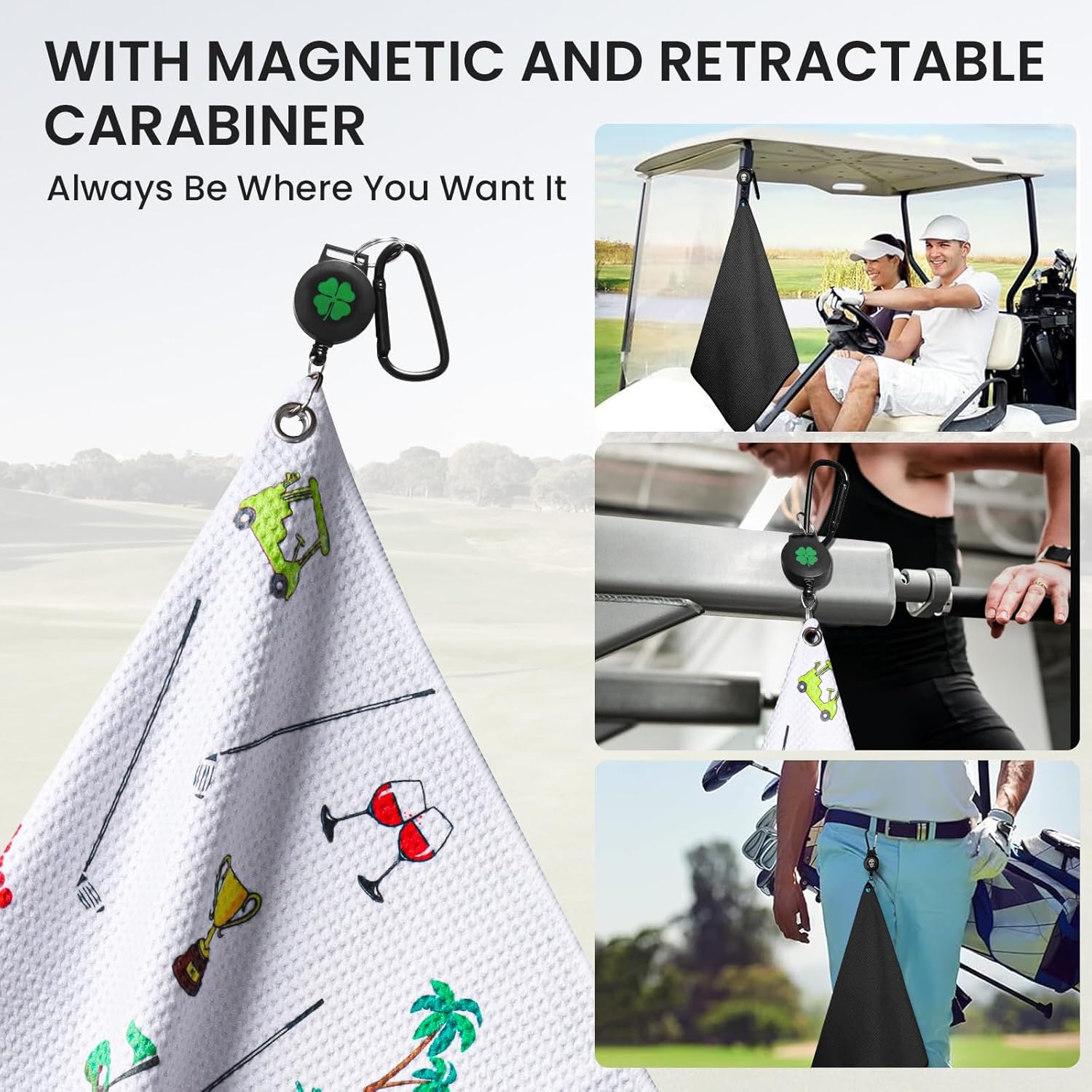 Amy Sport Golf Towels for Golf Bags for Women Men Value 2 Pack with 3 Strong Magnetic Retractable Carabiner and Black Brush, 16''X16'' Microfiber Waffle Pattern Towel Absorbent Set (Black&White)