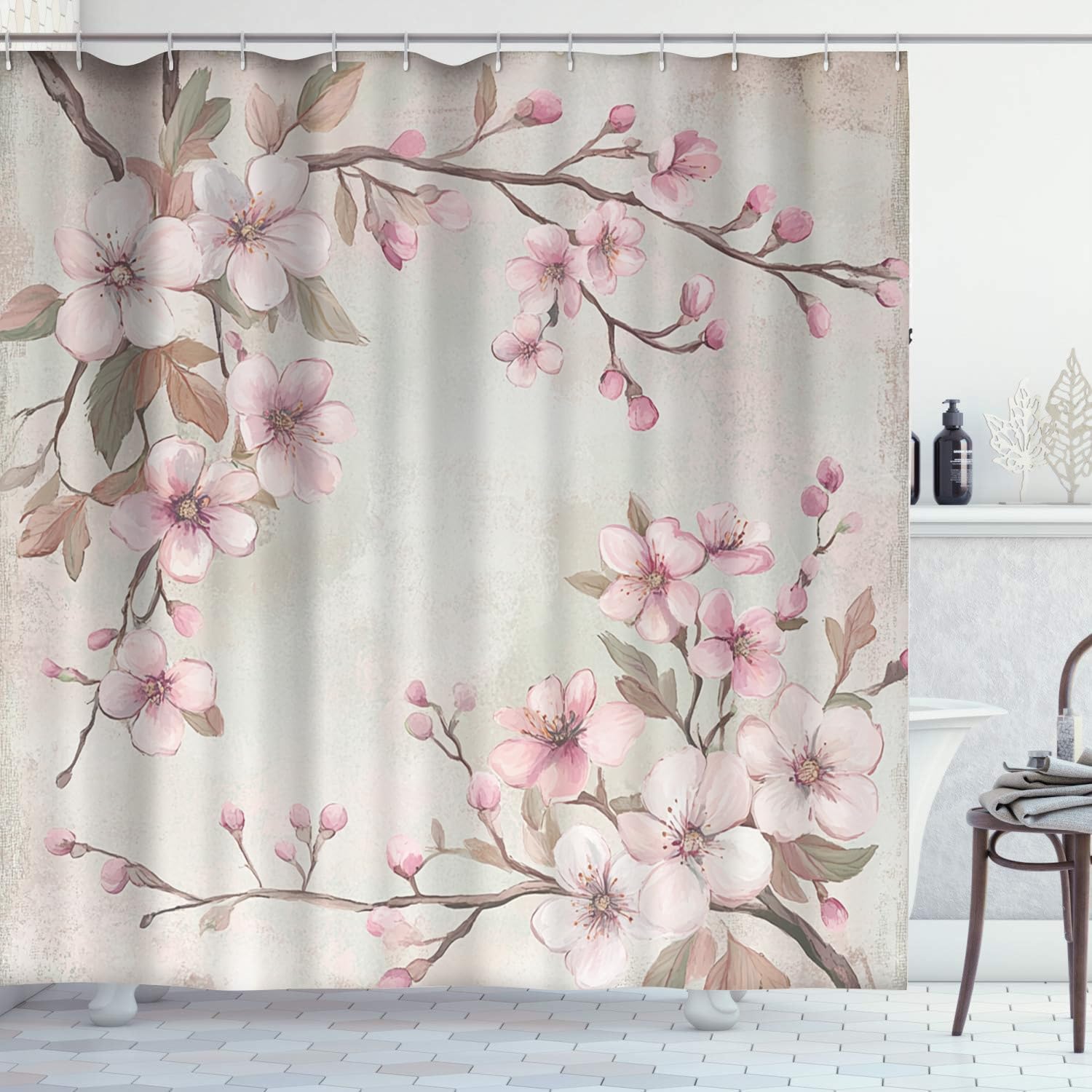 365CUSGIFTS Cottagecore Rustic Cherry Blossom Shower Curtain Pretty Vintage Bohemian Flower Botanical Leaves Fabric Shower Curtains Set for Bathroom