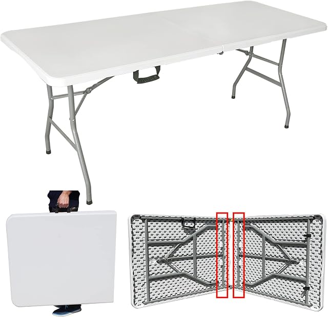 6.6ft Folding Table Fold in Half w/Handle Plastic Heavy Duty Lightweight for Outdoor & Indoor Party Dining Picnic Camping Wedding BBQ Catering Garden Kitchen Market Events