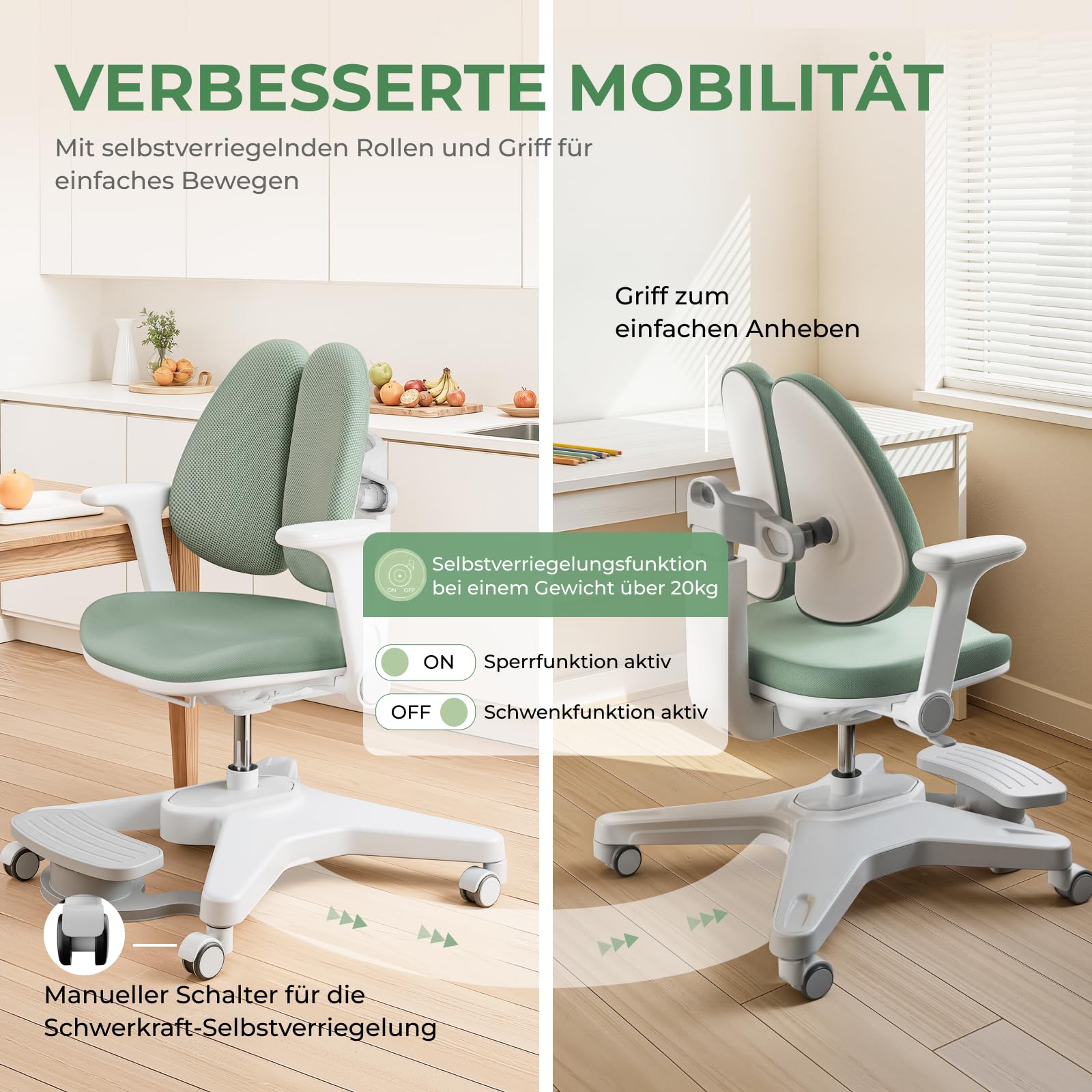 HOKO Ergo Study Kid Schreibtisch Stuhl Grün. Höhenverstellbarer, mitwachsender Kinder Stuhl. Sitz und Rücken separat verstellbar. Ergonomisches Sitzen für Kinder (Milo)