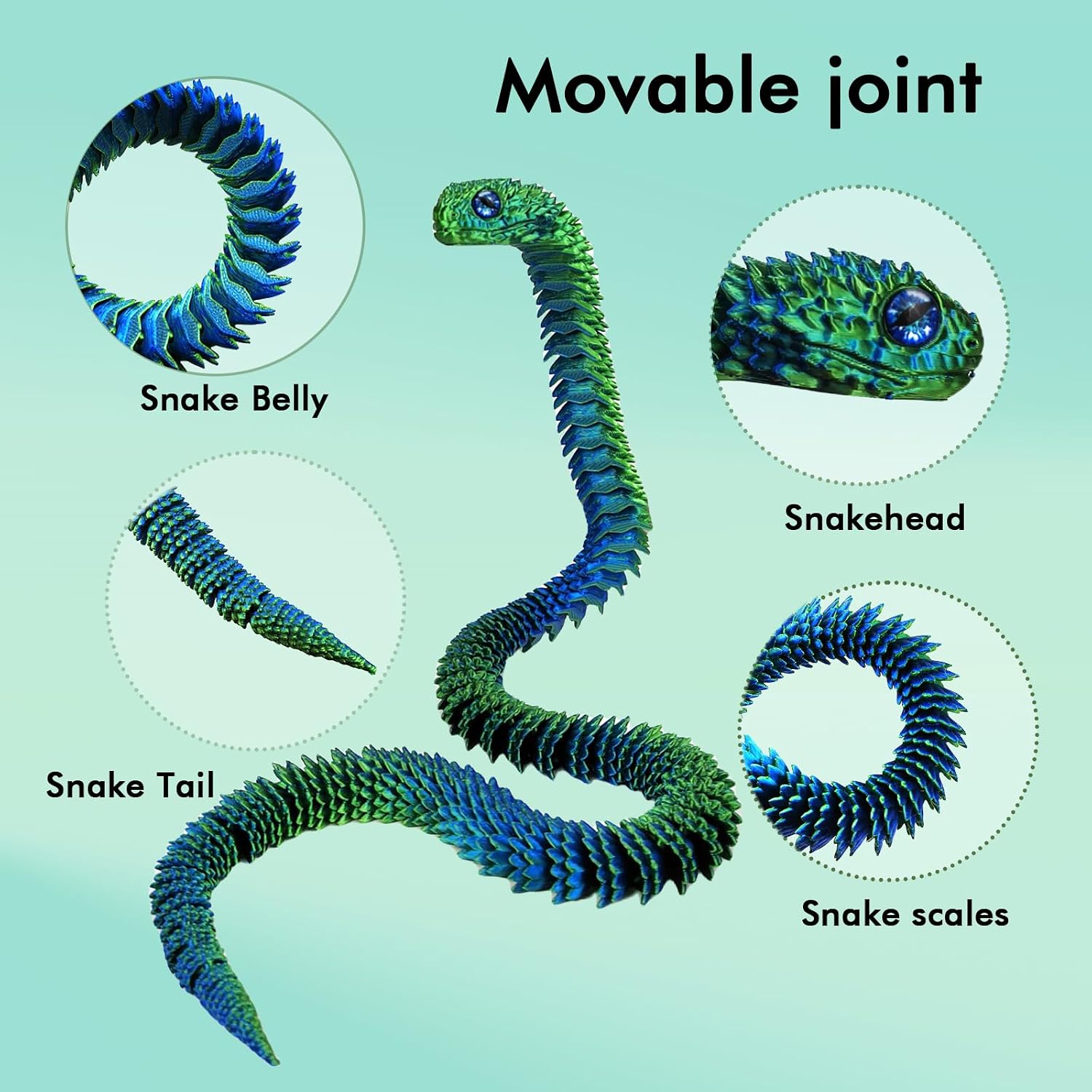 3D Printed Animals Snake, 30 Inch Surprise Mystery Fidget Anaconda Toy, Fake Python Statue with Realistic Eyes，3-D Print Articulated Viper Collectible for Home Office Executive Desk Decoration(LSL)