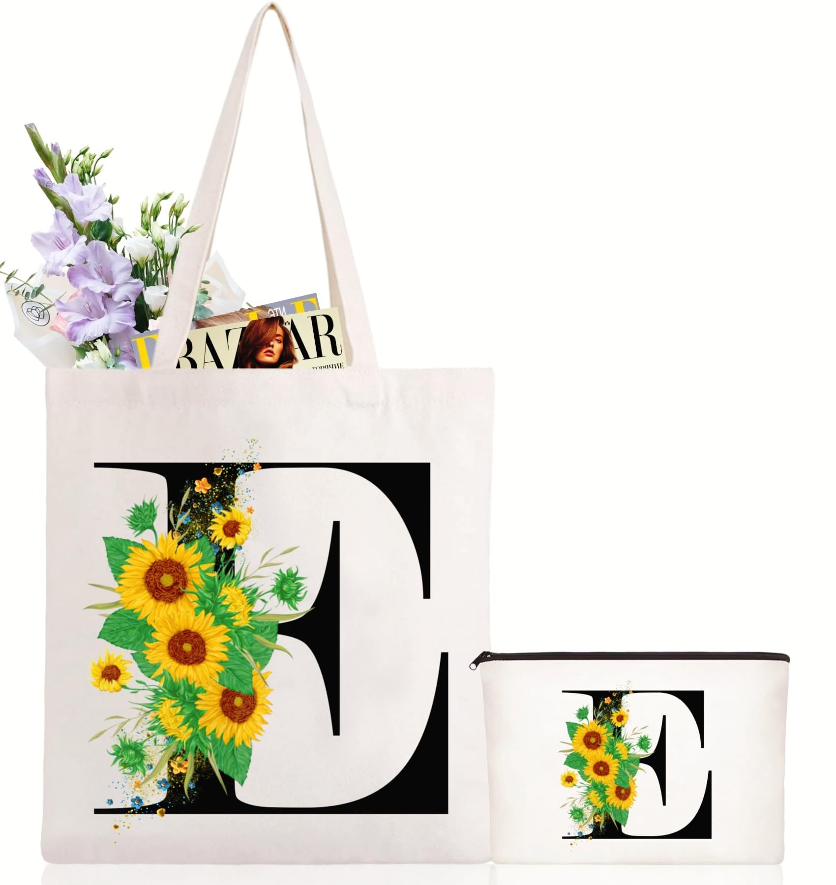 Andeiltech Initial Canvas Tote Bag Sunflower Letter Personalized Makeup Bag Monogrammed Gift for Bridesmaids Birthday Wedding